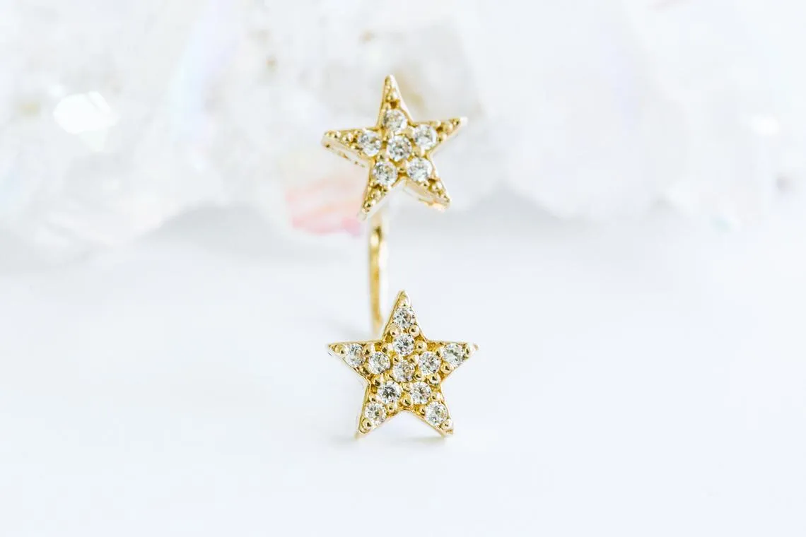 14k Gold Curved Barbell Banana Cz Star Earring Piercing