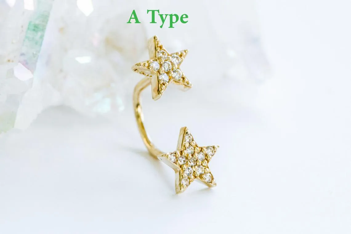 14k Gold Curved Barbell Banana Cz Star Earring Piercing