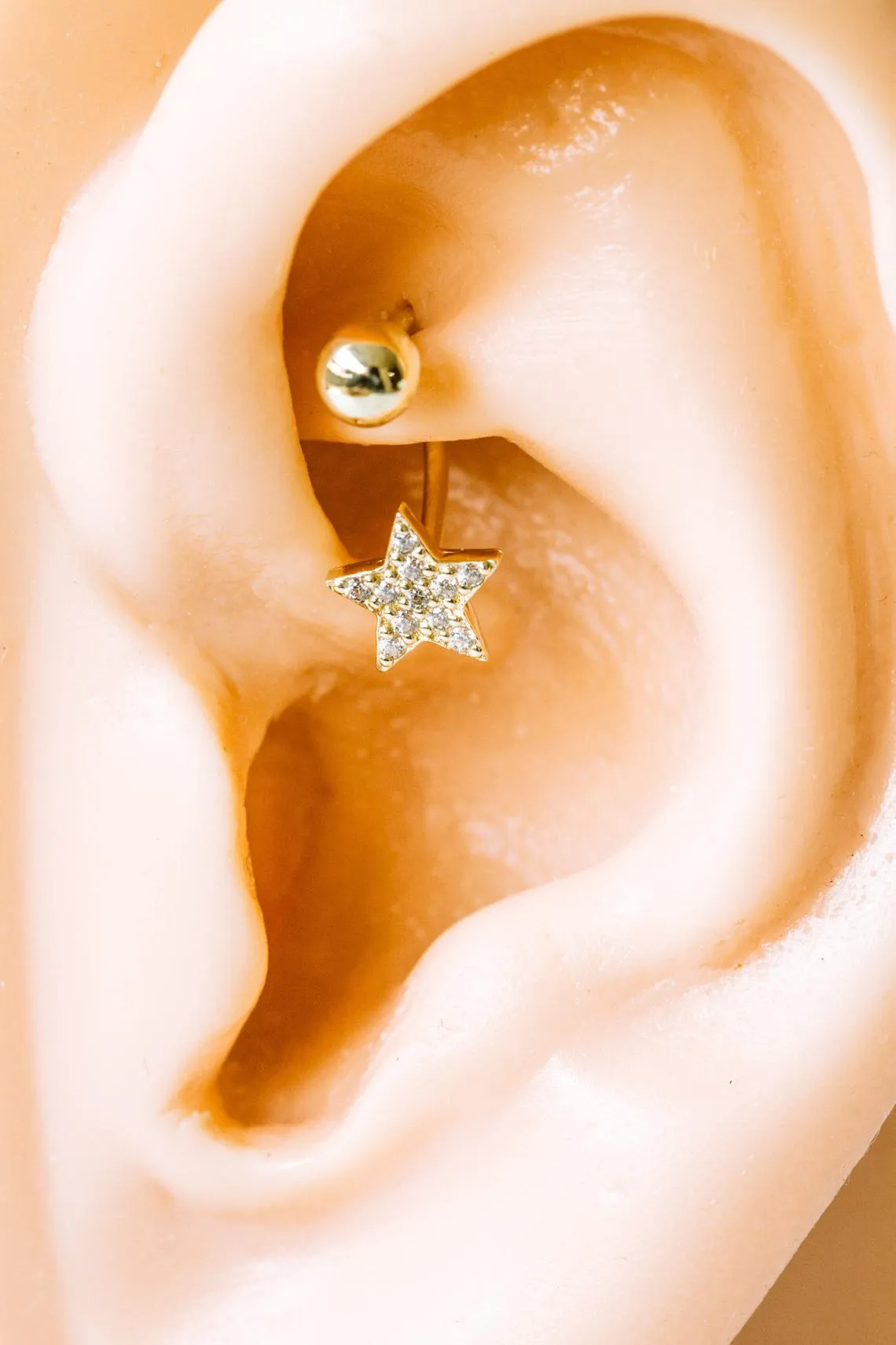 14k Gold Curved Barbell Banana Cz Star Earring Piercing