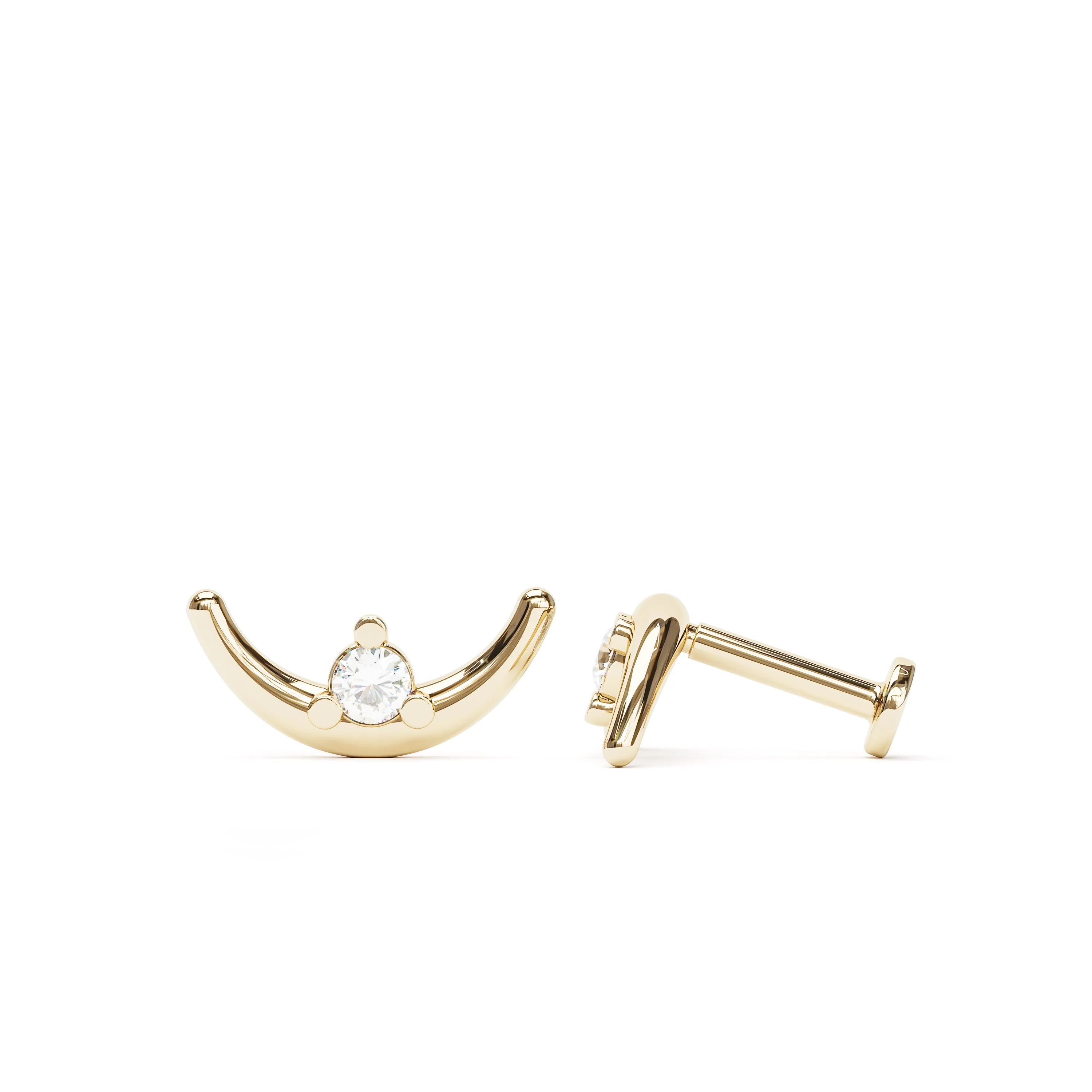 14K Gold Diamond Curved Crescent Moon Stud