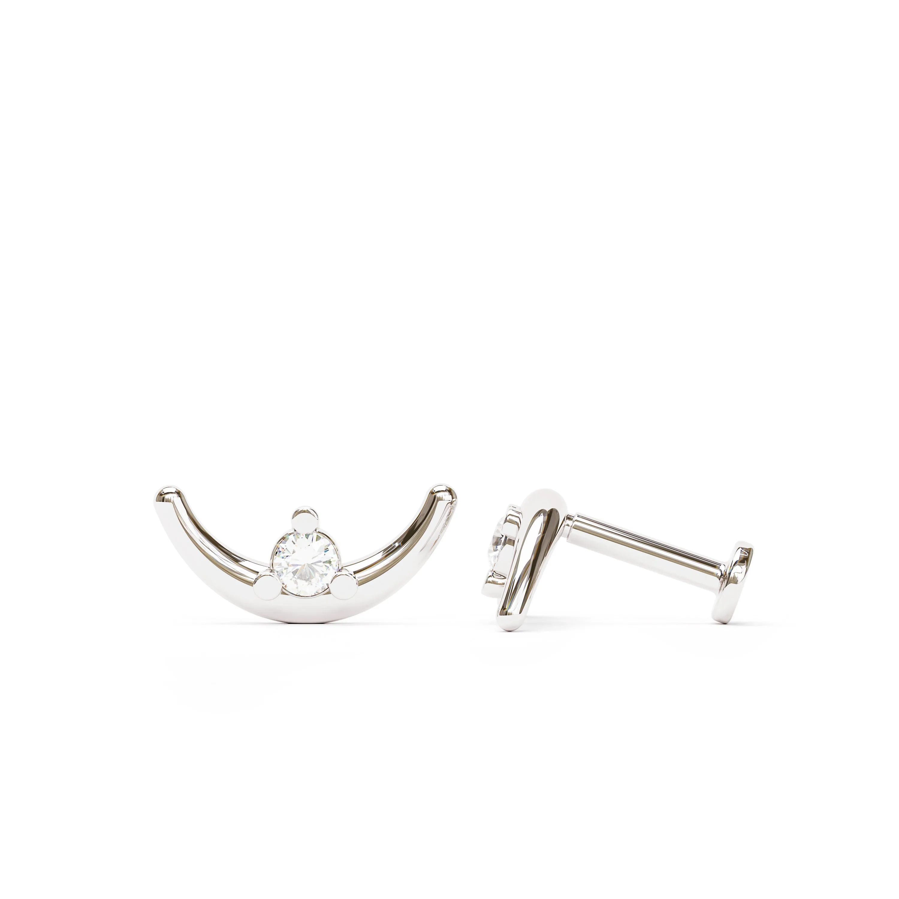 14K Gold Diamond Curved Crescent Moon Stud