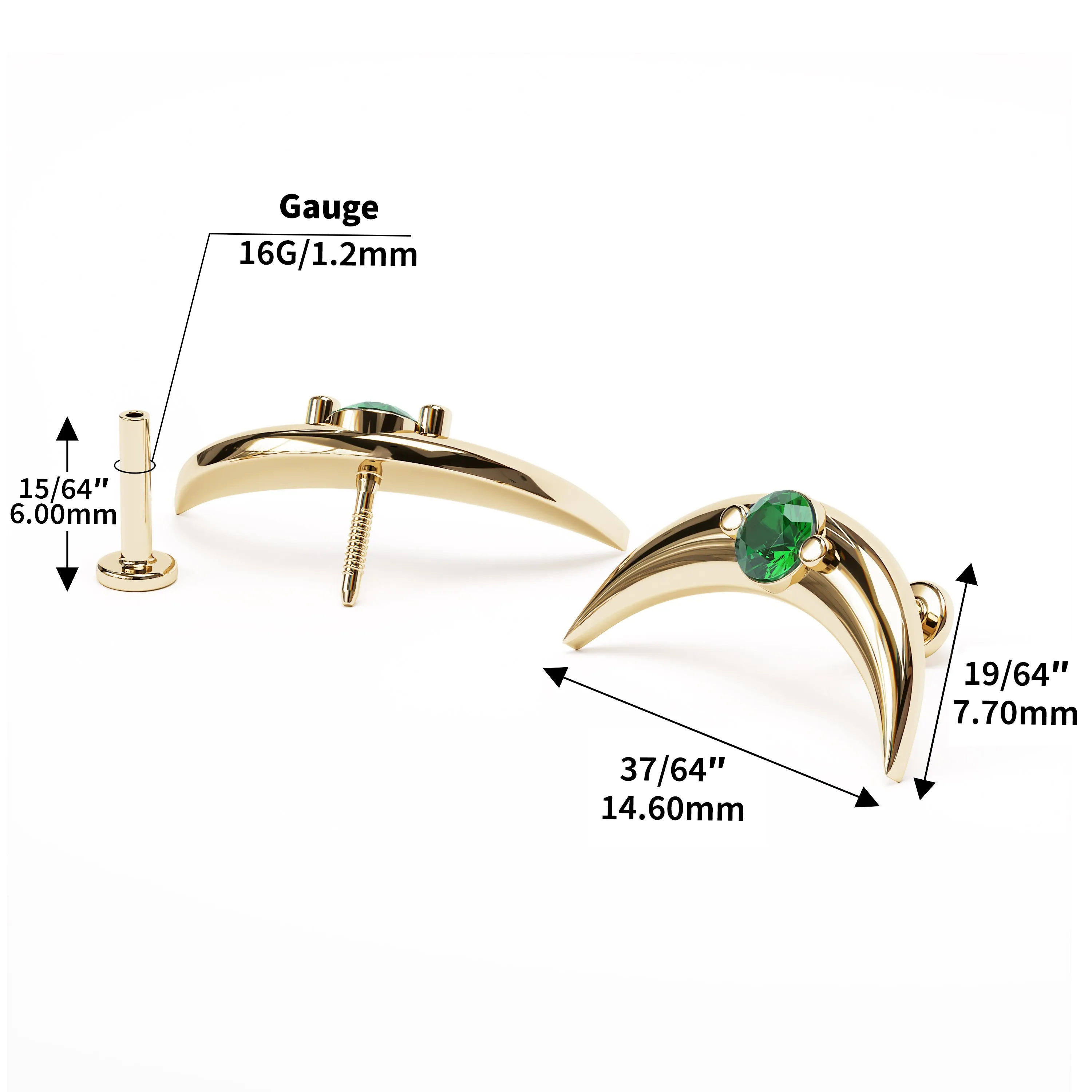 14K Gold Emerald Crescent Moon Stud