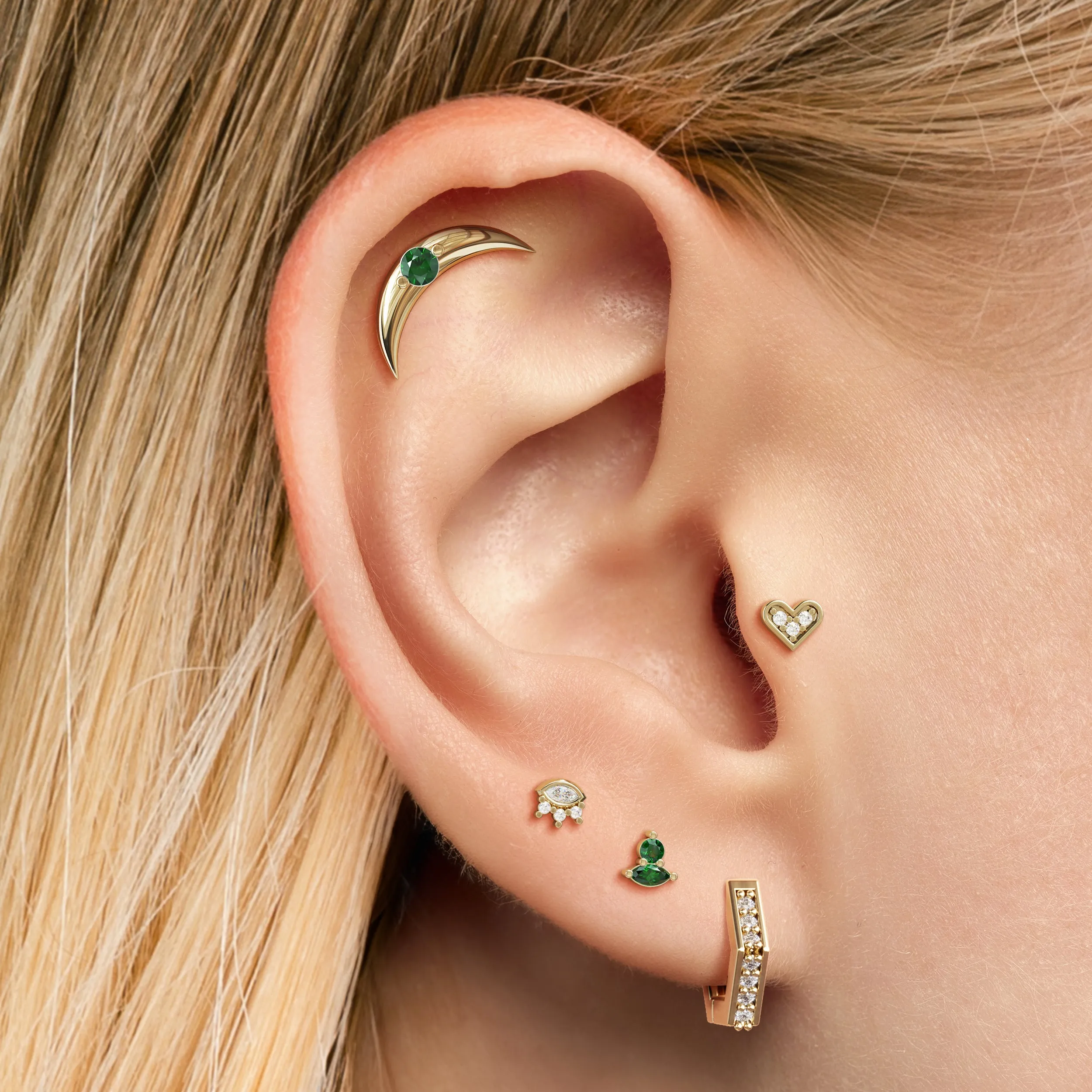 14K Gold Emerald Crescent Moon Stud