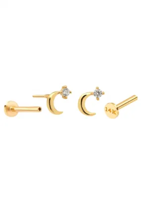 14k Gold  Helix Tragus Inner Conch Cartilage Point Cz Crescent Moon Internally Internal Threaded Earring Labret Piercing