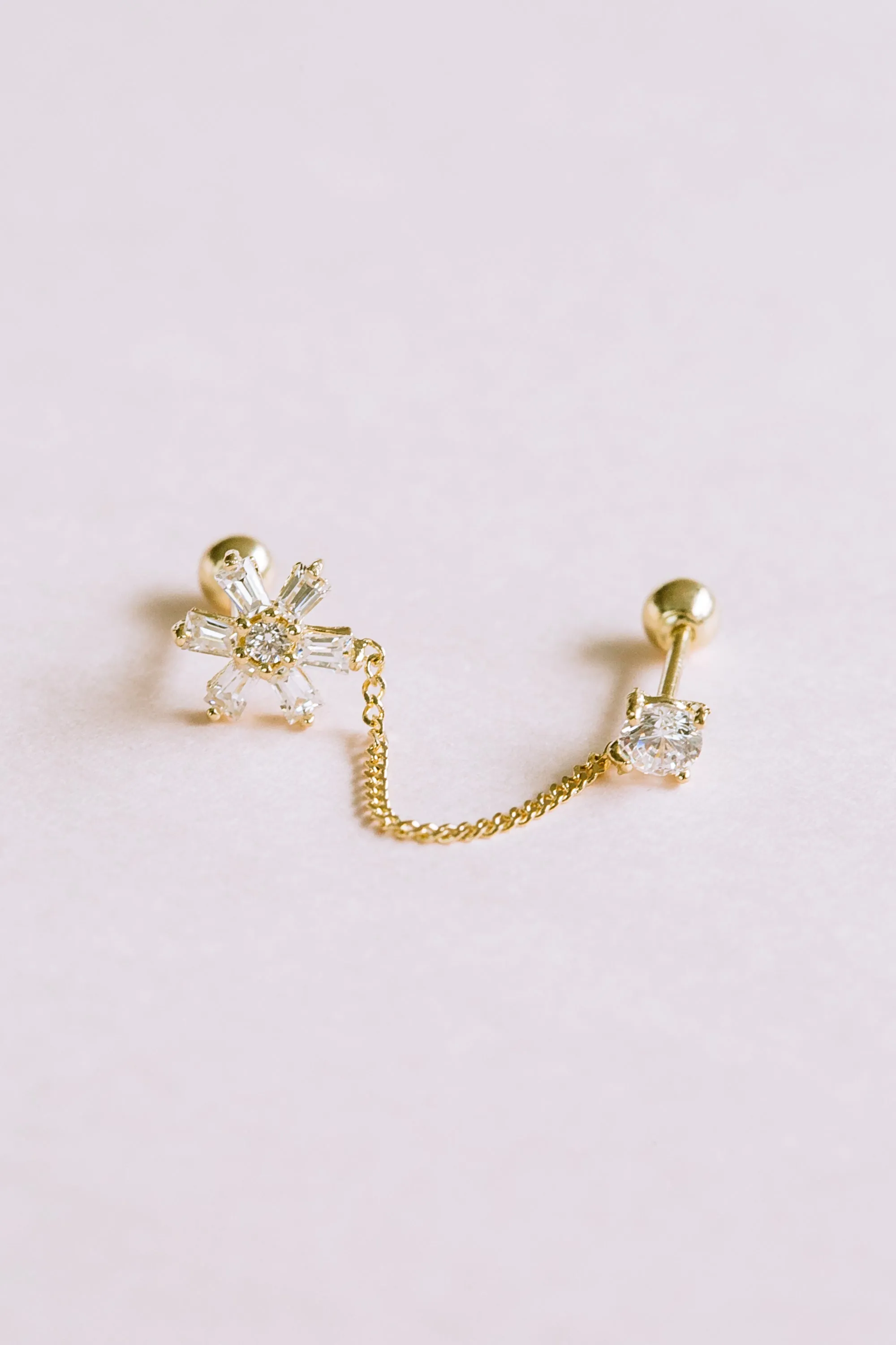 14k Gold Jewelry Cz Cute Snowflake Double Barbells Ears Stud Piercing