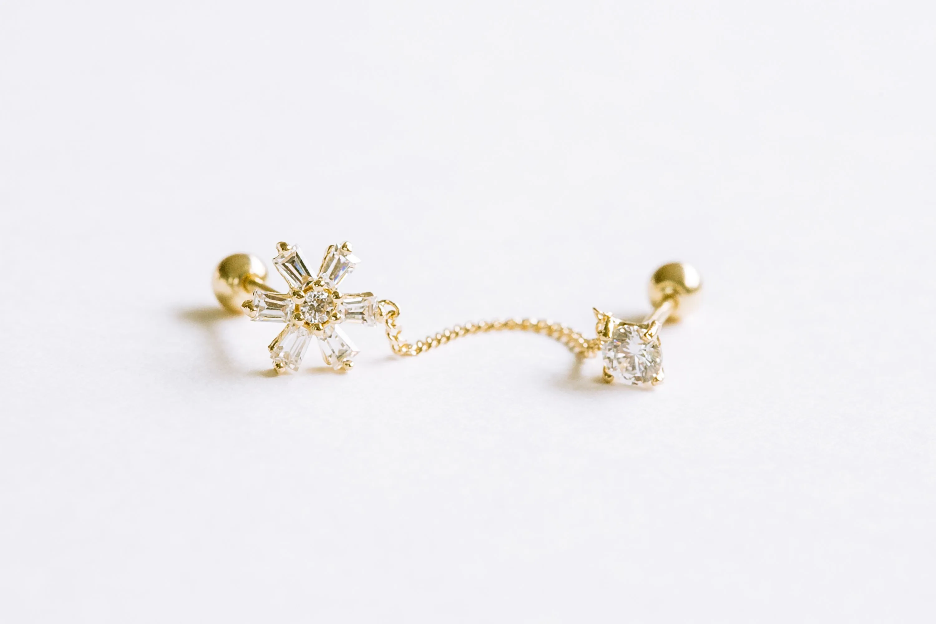 14k Gold Jewelry Cz Cute Snowflake Double Barbells Ears Stud Piercing