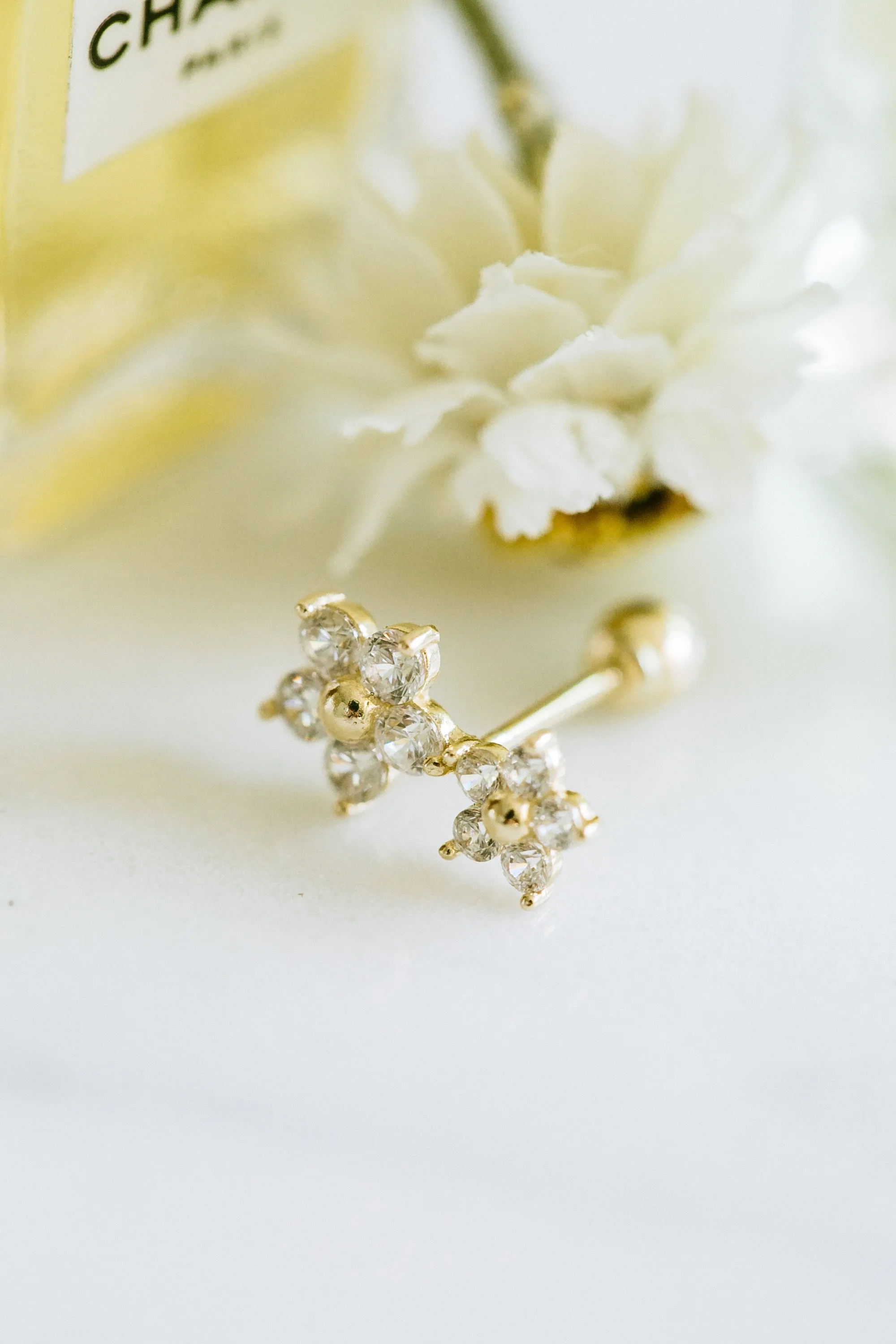 14k Gold Jewelry Double Daisy Flower Barbell Barbells Ears Stud Piercing