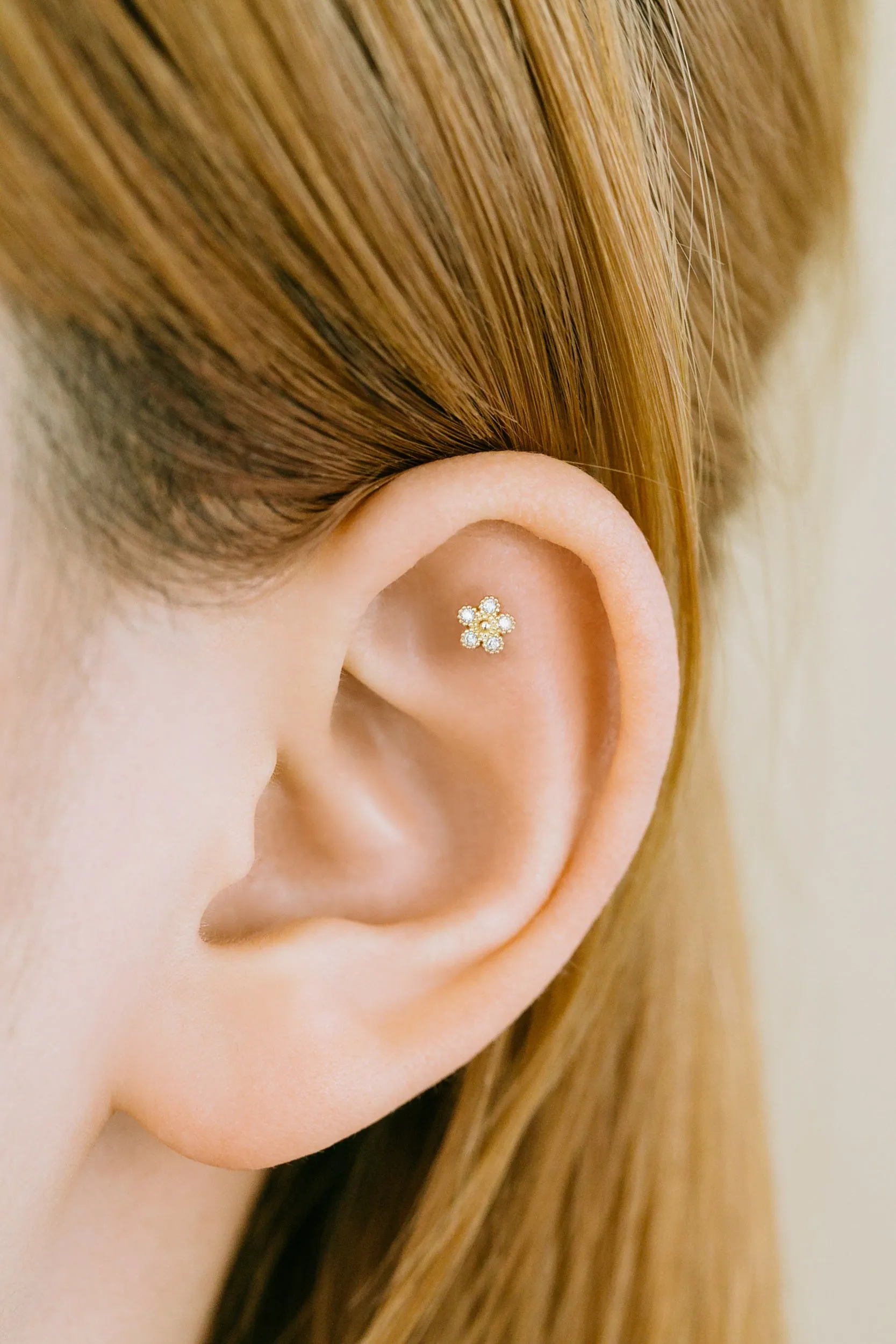 14k Gold Jewelry Minimal Delicate Flower Bar Barbell Ear Stud Piercing