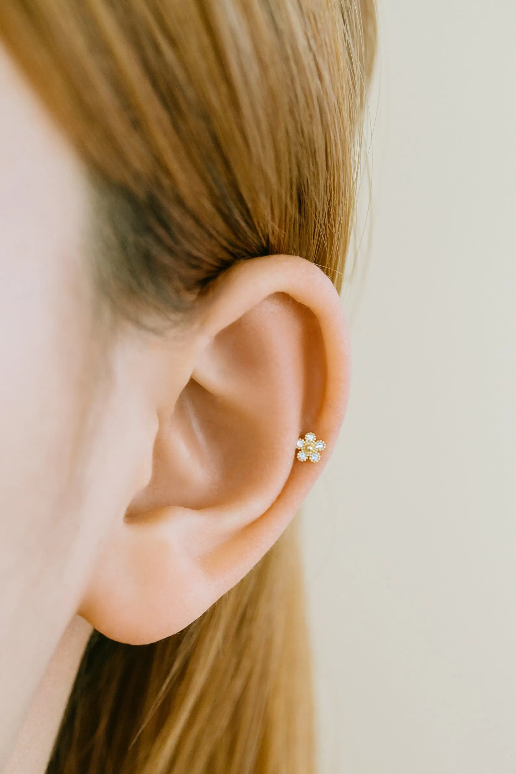 14k Gold Jewelry Minimal Delicate Flower Bar Barbell Ear Stud Piercing