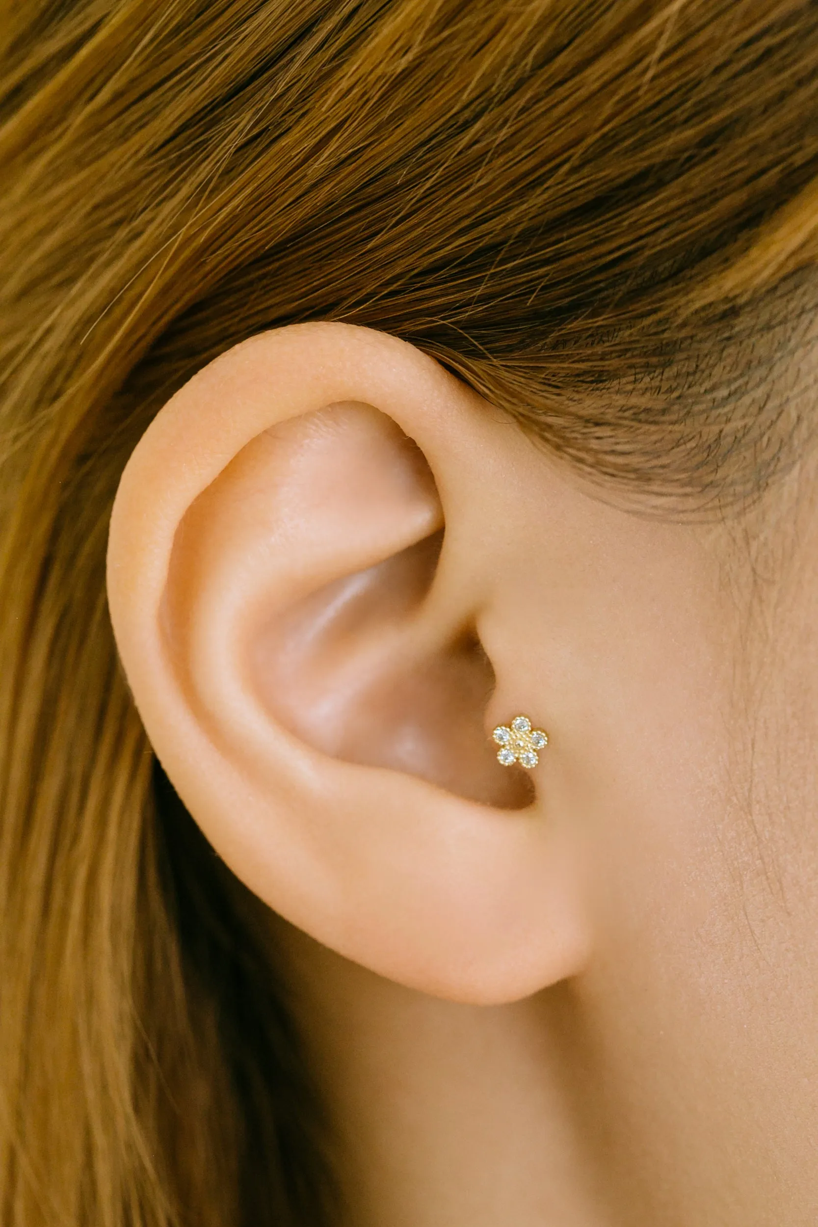 14k Gold Jewelry Minimal Delicate Flower Bar Barbell Ear Stud Piercing