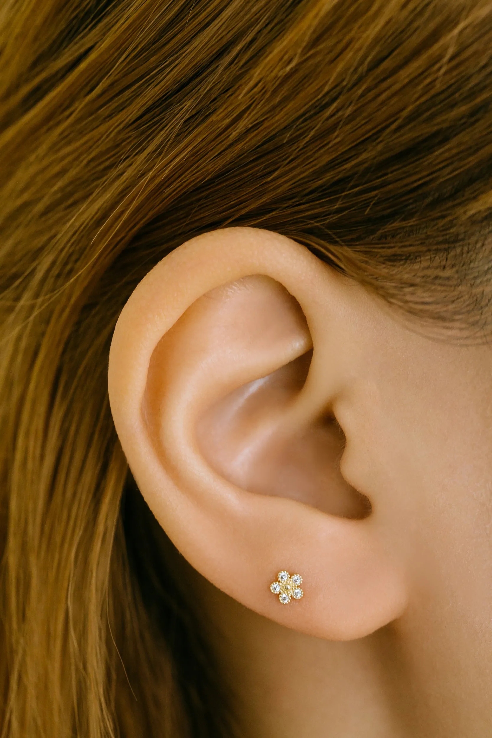 14k Gold Jewelry Minimal Delicate Flower Bar Barbell Ear Stud Piercing