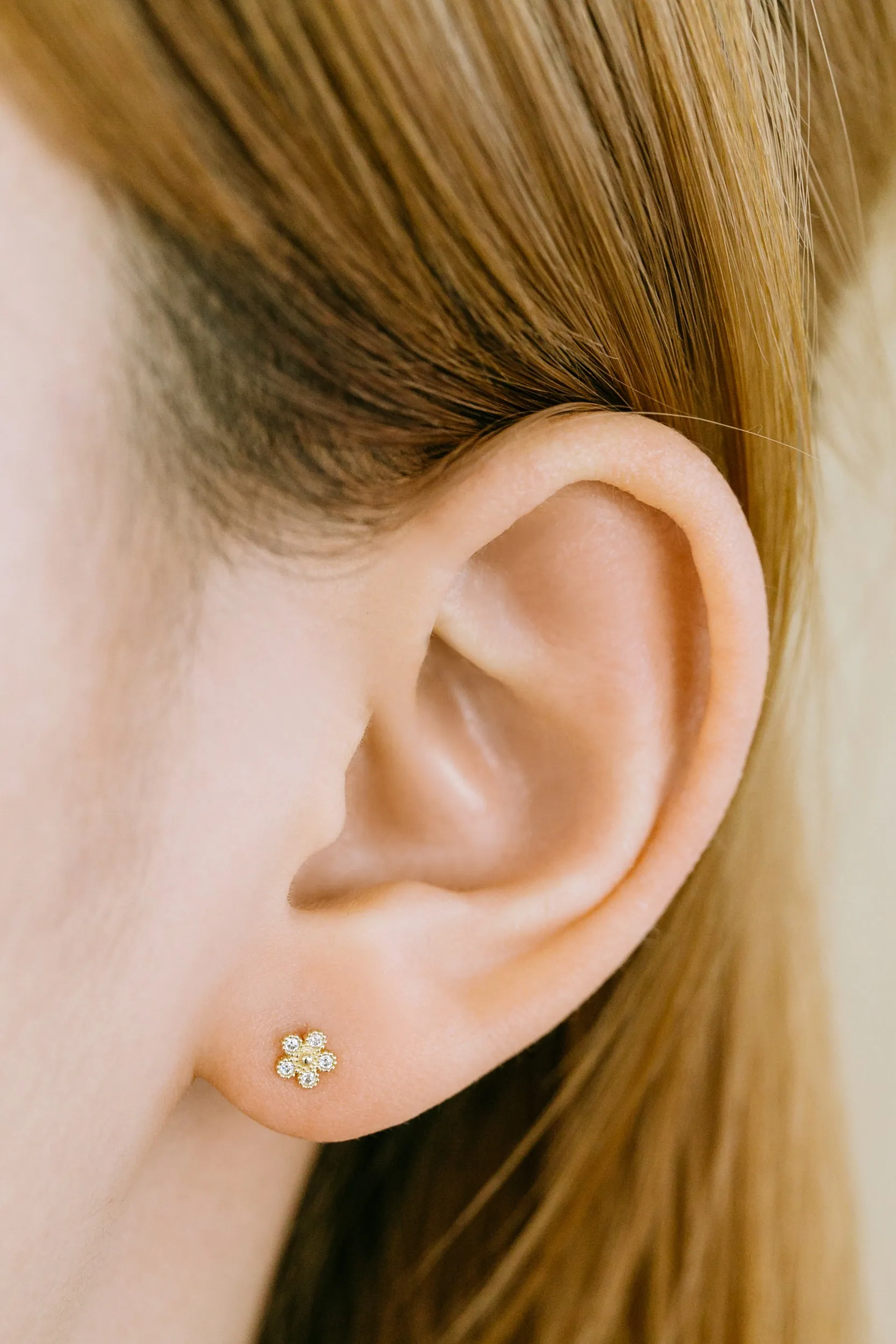 14k Gold Jewelry Minimal Delicate Flower Bar Barbell Ear Stud Piercing