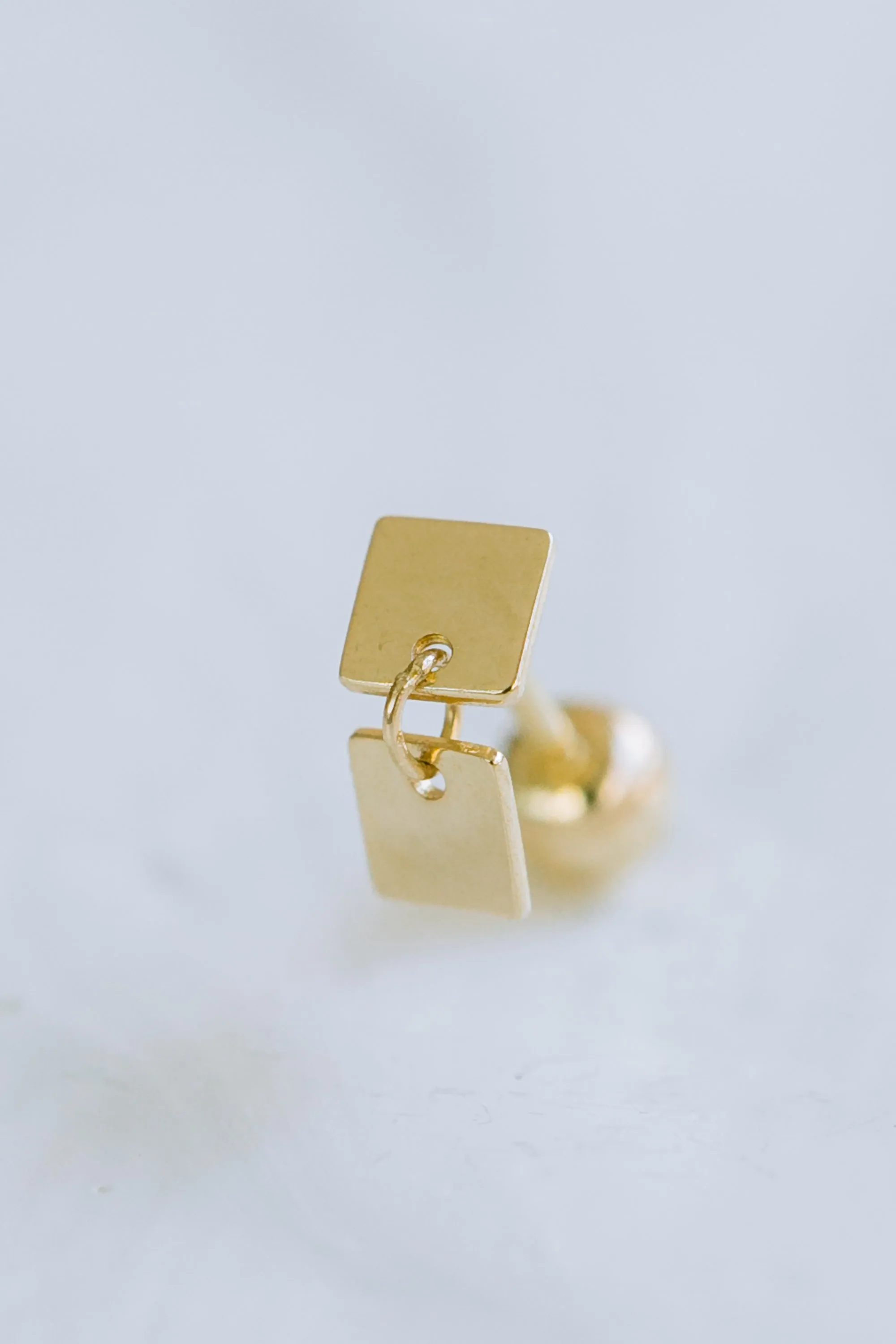 14K GOLD JEWELRY MINIMALIST DELICATE SQUARE DANGLE BARBELL EAR STUD EARRING PIERCING