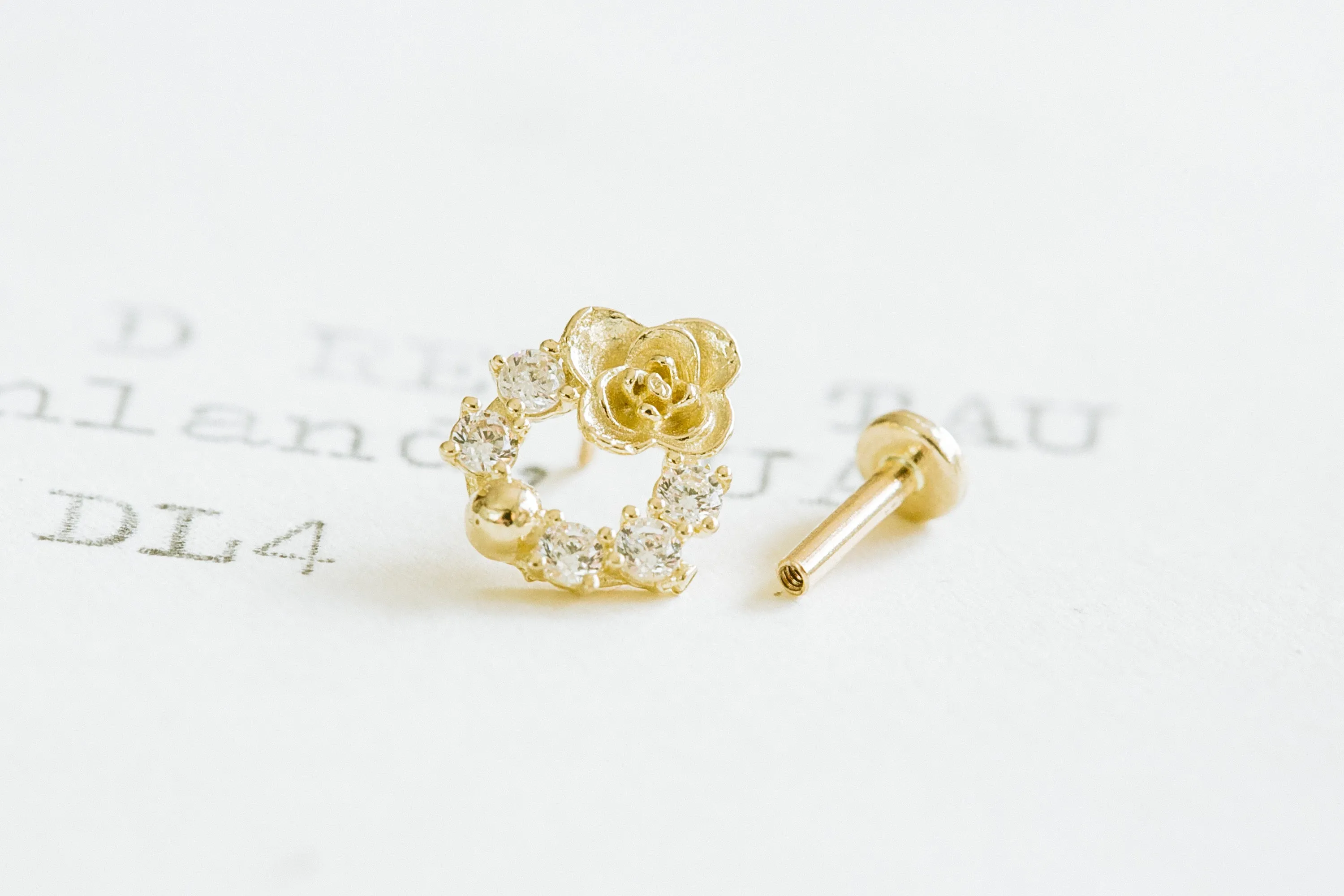 14K Real Gold Minimalist Open Cz Rose Wreath Forward Helix Cartilage Tragus Inner Conch Ear Stud Post Internally Threaded Earring Labret Jewelry