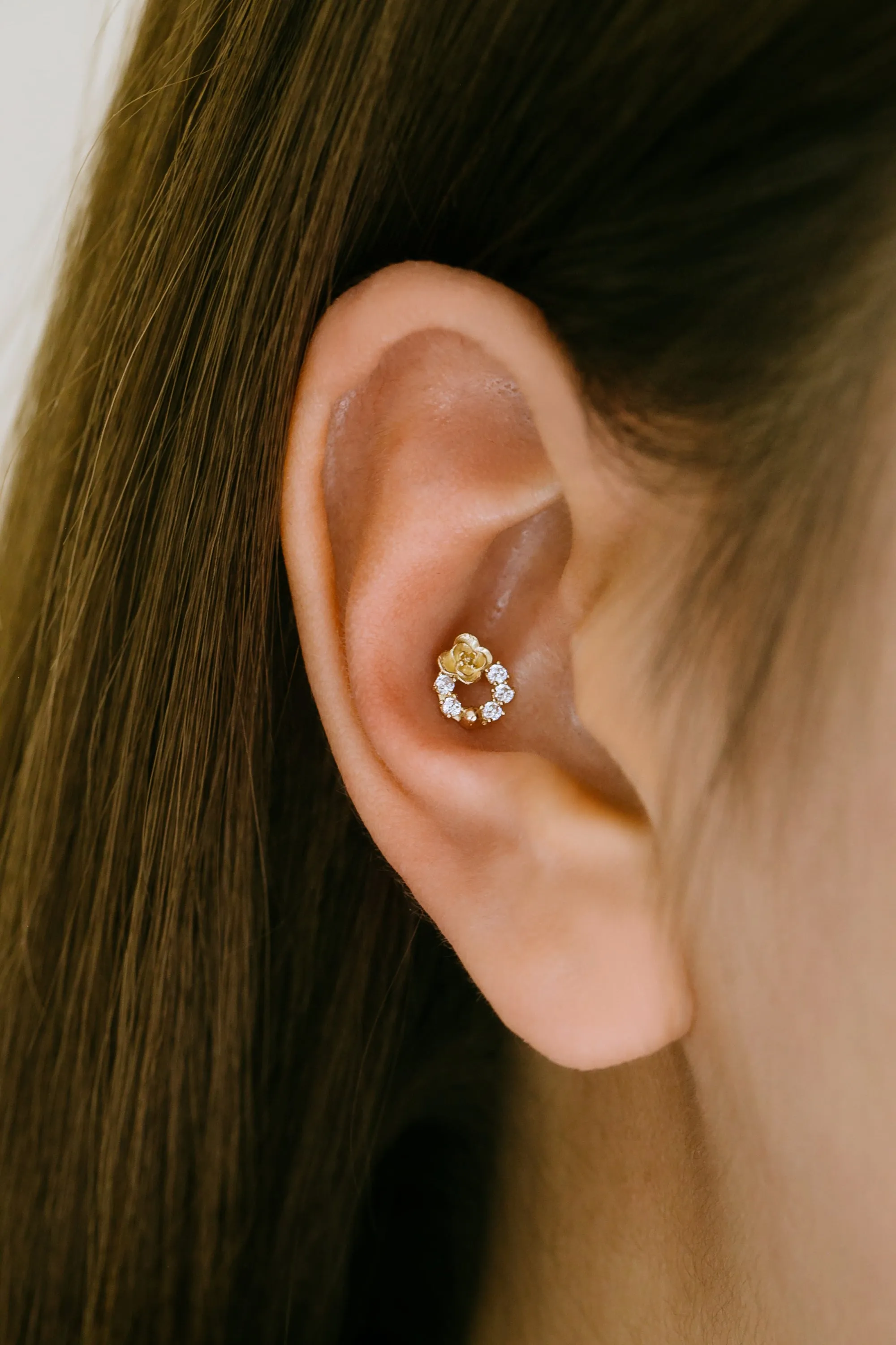 14K Real Gold Minimalist Open Cz Rose Wreath Forward Helix Cartilage Tragus Inner Conch Ear Stud Post Internally Threaded Earring Labret Jewelry