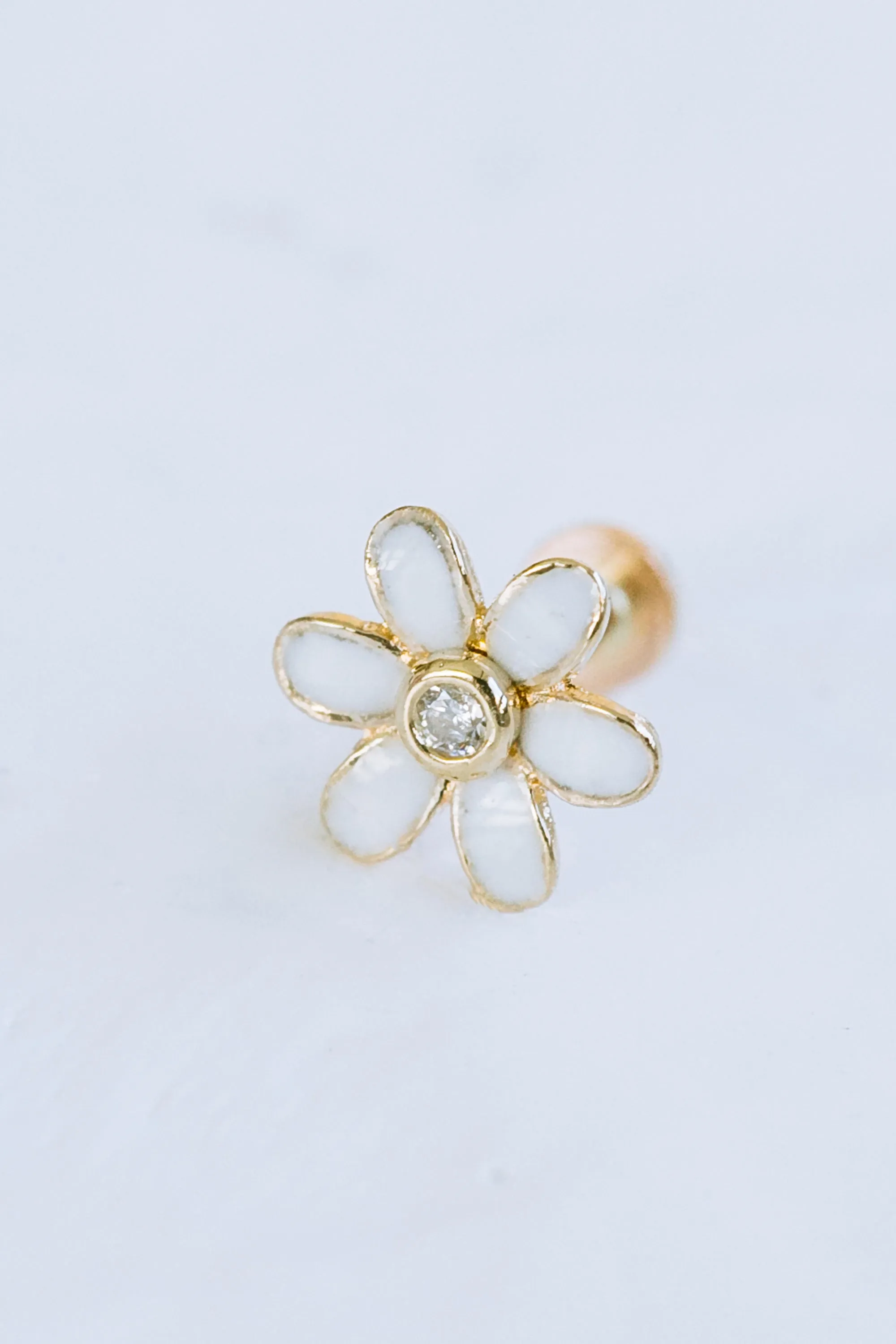 14K Solid Gold Cartilage Delicate Cz White Daisy Flower Internally Internal Threaded Earring Labret