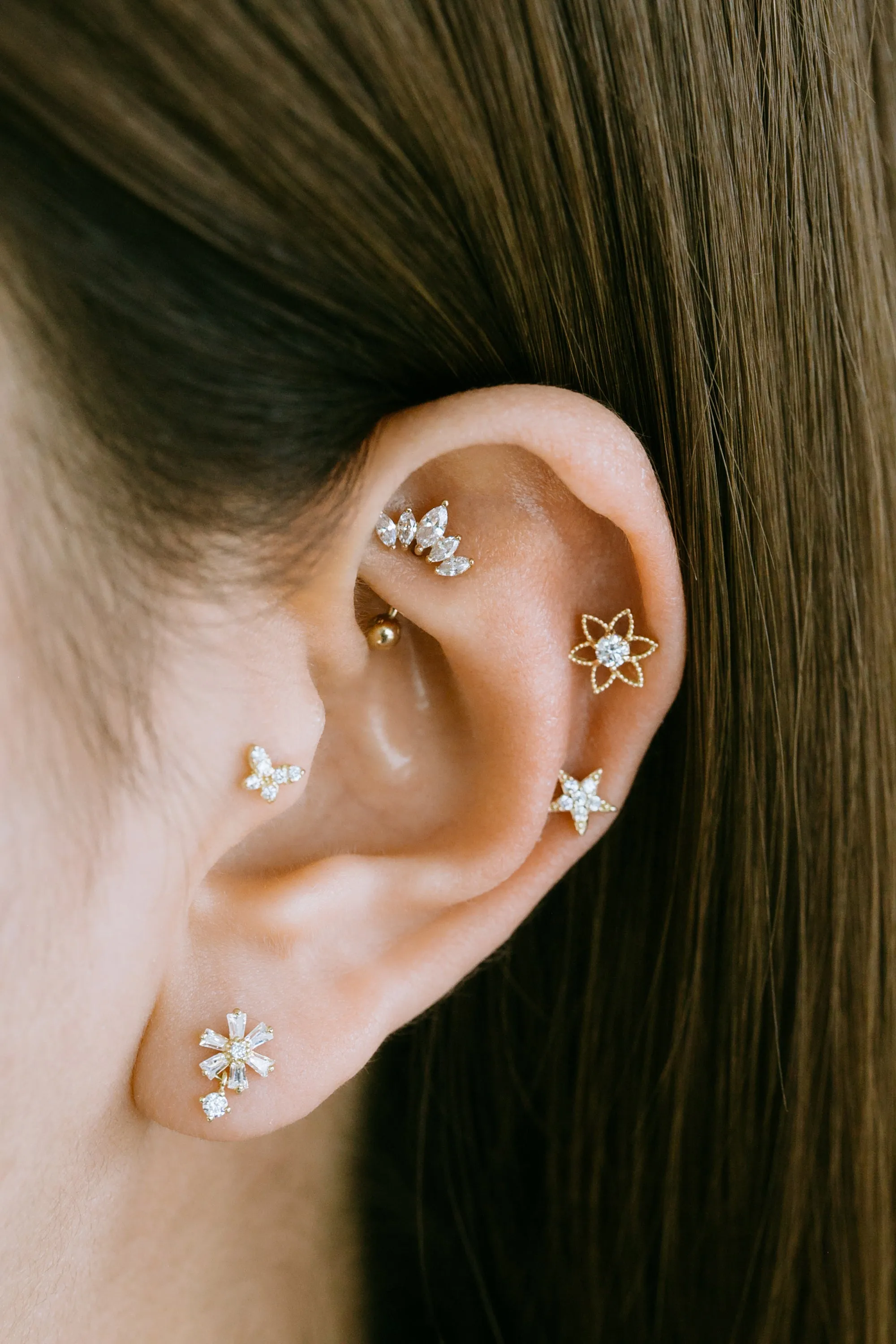 14K Solid Gold Cartilage Minimalist Constellation Star Flower Central Cz Cross Internally Internal Threaded Earring Labret