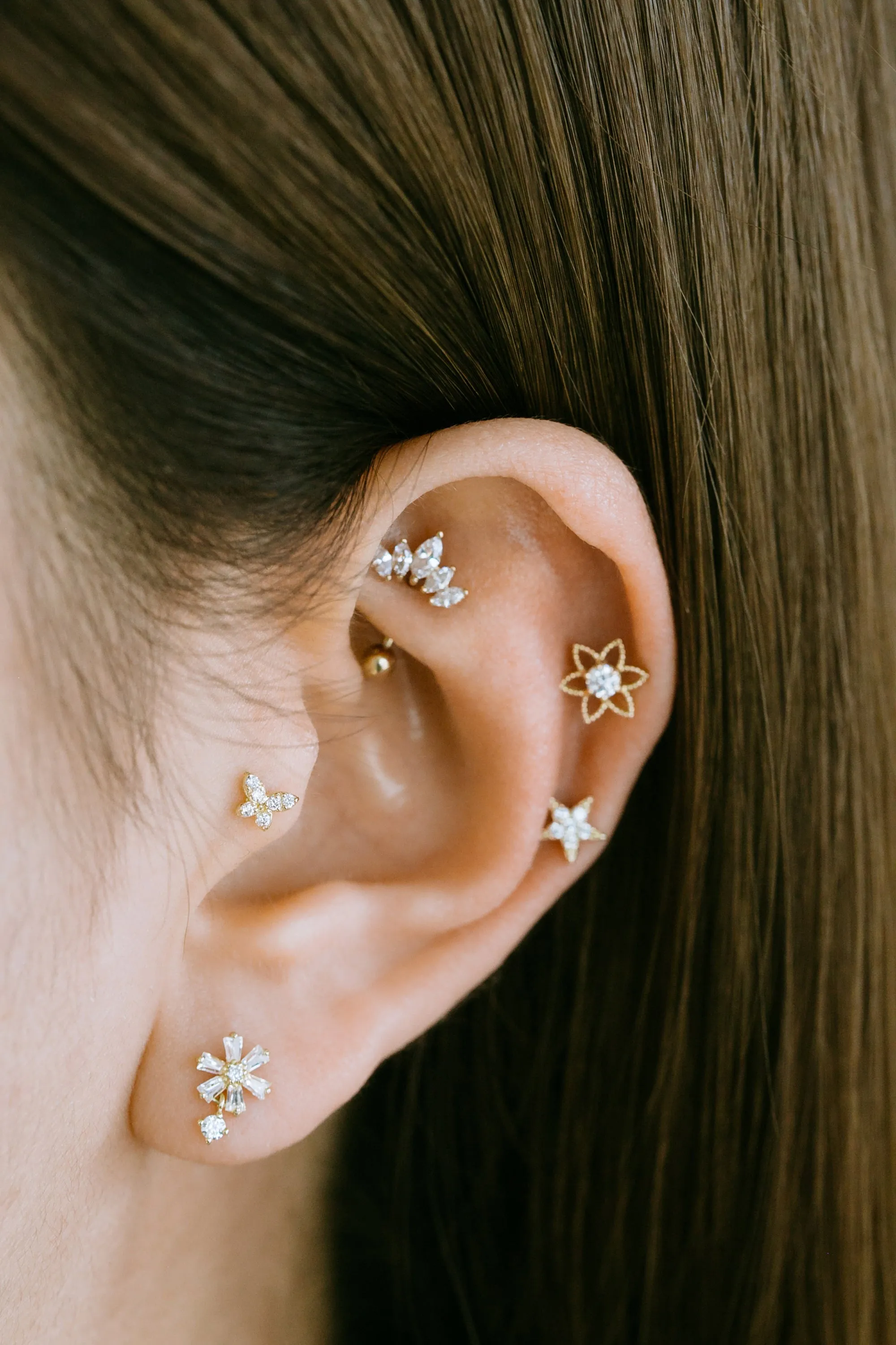 14K Solid Gold Cartilage Minimalist Constellation Star Flower Central Cz Cross Internally Internal Threaded Earring Labret