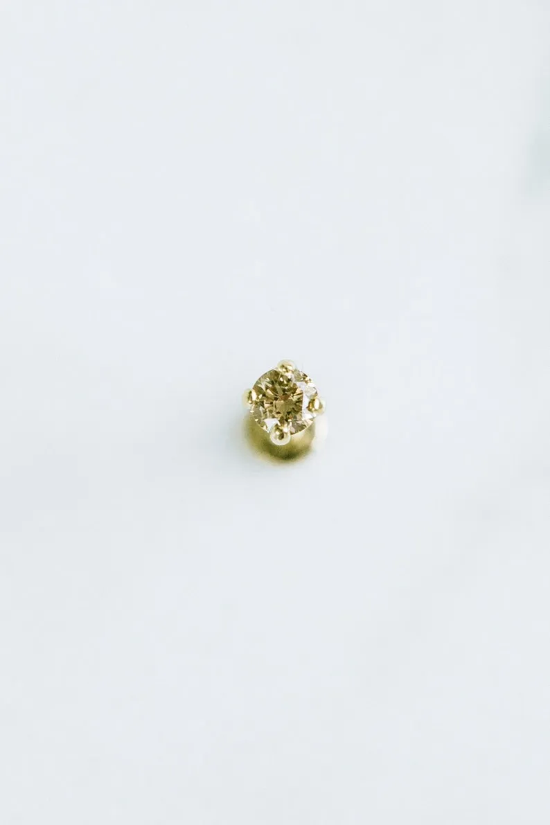 14K Solid Gold Genuine Cognac diamond 4 Prong Internally threaded Flat Back Labret Earring