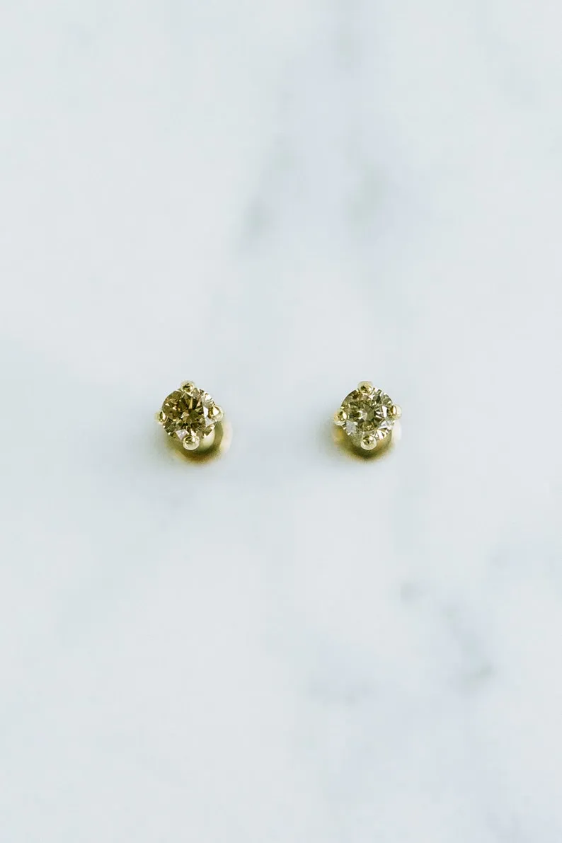 14K Solid Gold Genuine Cognac diamond 4 Prong Internally threaded Flat Back Labret Earring