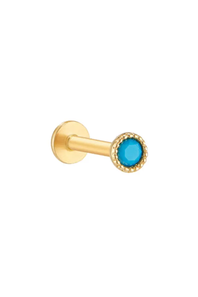 14k Solid Gold Helix Cartilage Bezel Turquoise Internally Internal Threaded Labret Stud