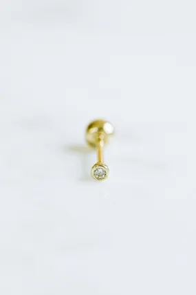 14K Solid Real Gold 1mm Cz Round Bezel Tragus Helix Cartilage Conch Ear Post Stud Earring Barbell Piercing For Women Men Jewelry