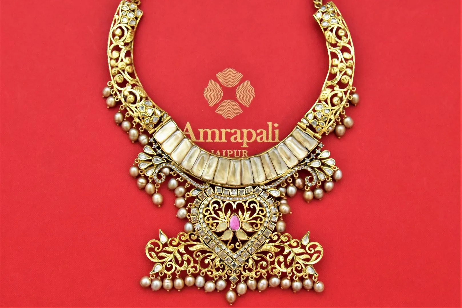 20D239 Gold Plated Glass and Zircon Necklace with Pearls