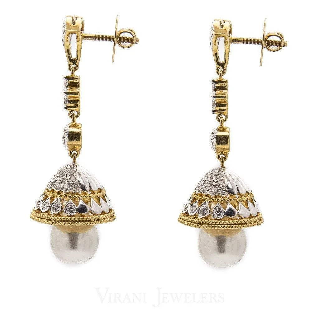 2.24CT Diamond Jhumki Drop Earrings Set In 18K Yellow Gold W/ Pearl Drops & Screw Back Post Closure