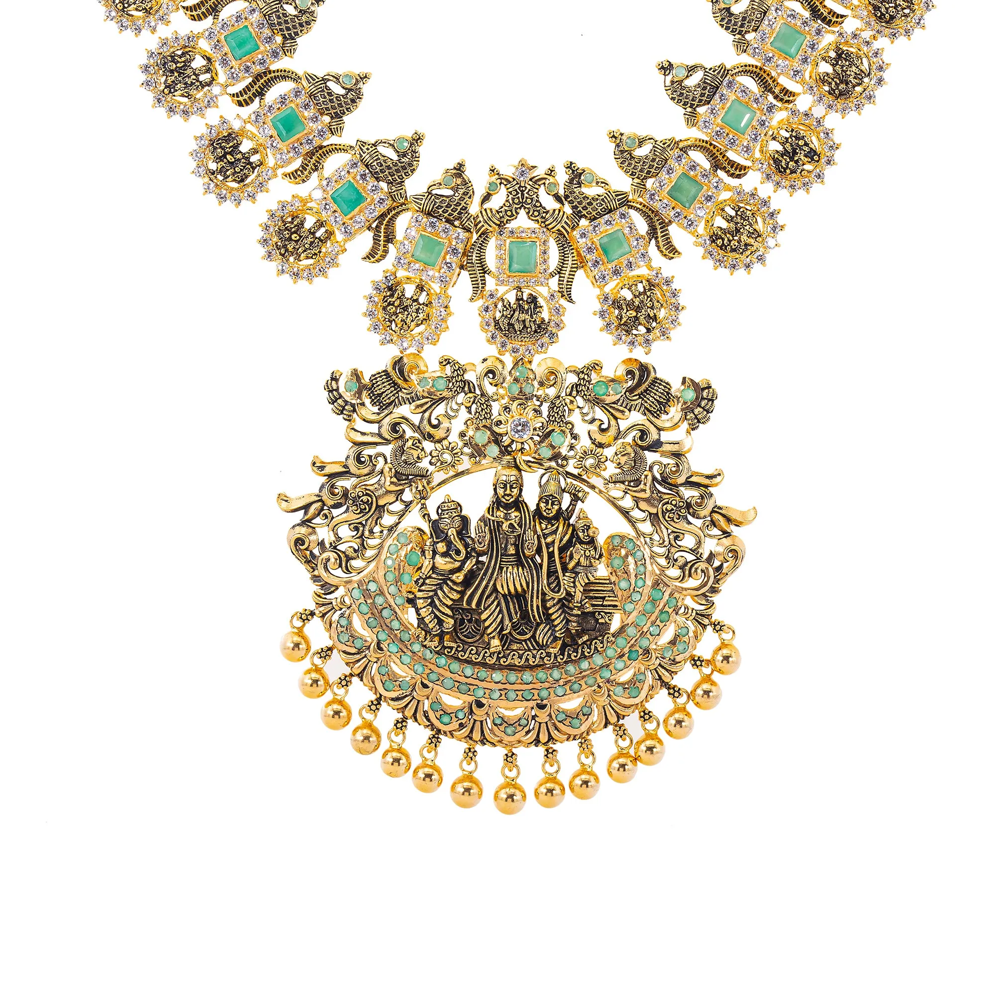 22K Antique Gold, Emerald & CZ Temple Jewelry Set (189.6gm)