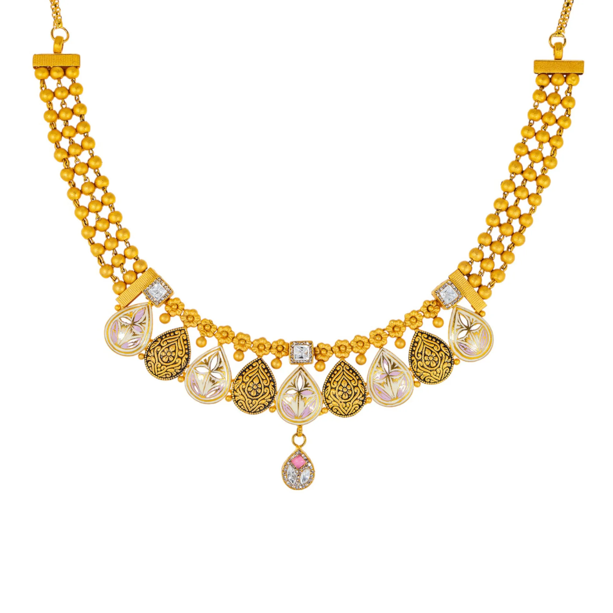 22K Antique Gold Jewelry Set w/ CZ, Kundan & Ruby (42.9gm)