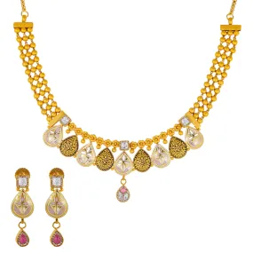 22K Antique Gold Jewelry Set w/ CZ, Kundan & Ruby (42.9gm)