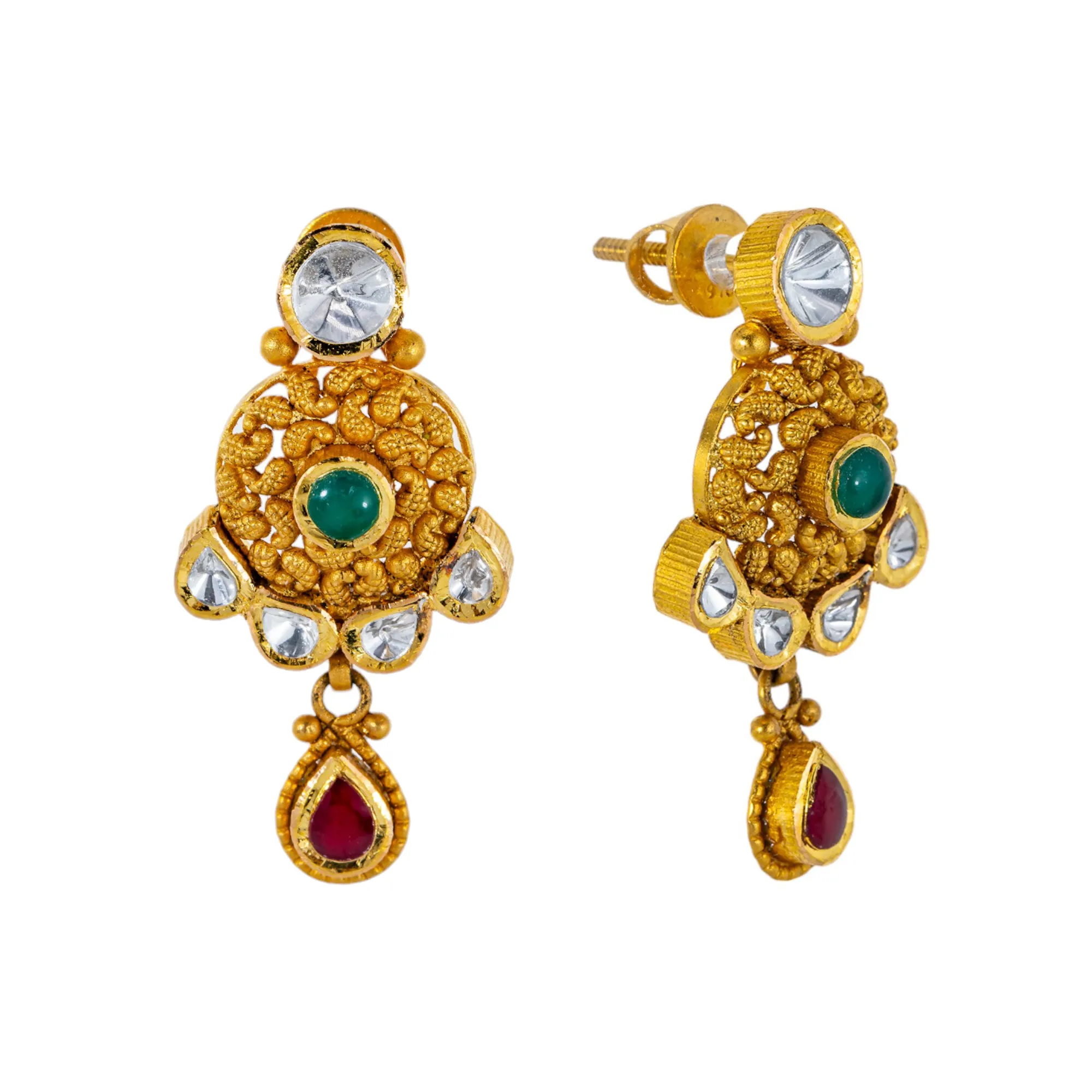 22K Antique Gold Jewelry Set w/ Kundan, Emerald, & Ruby (36.6gm)