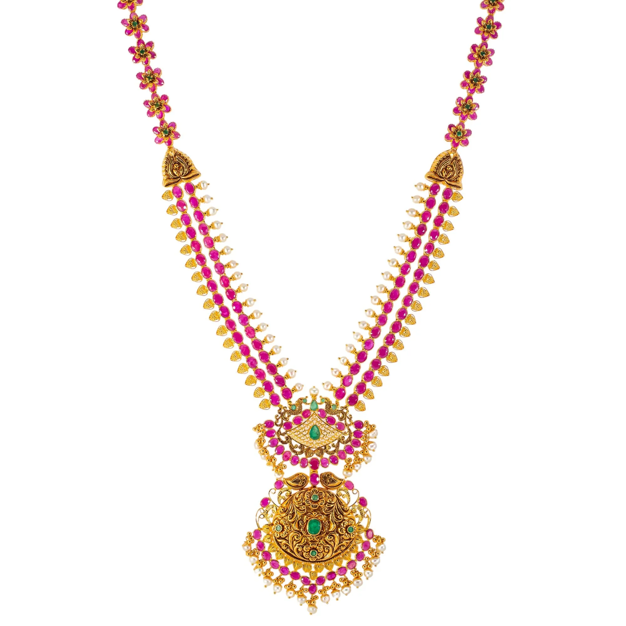 22k Yellow Gold, Emerald, Ruby, & Pearl Temple Necklace Set  (132.2gm)