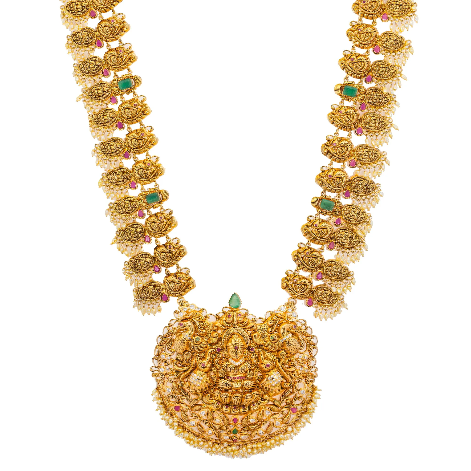 22K Yellow Gold, Gem, CZ, and Pearl Temple Necklace Set (153.11gm)