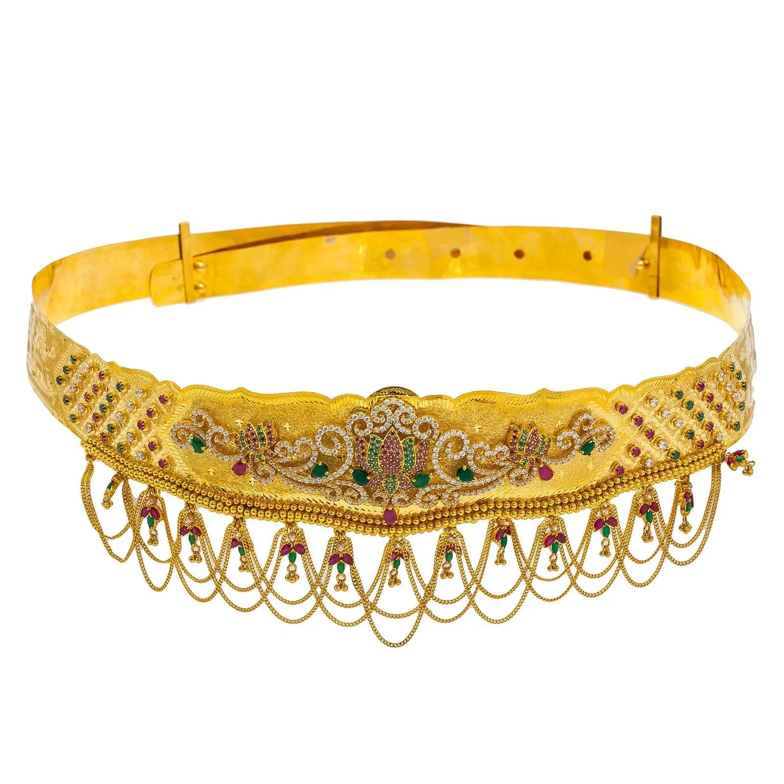 22K Yellow Gold Vaddanam Waist Belt W/ Ruby, Emerald, CZ Gems & Lotus Flower Chandelier Design