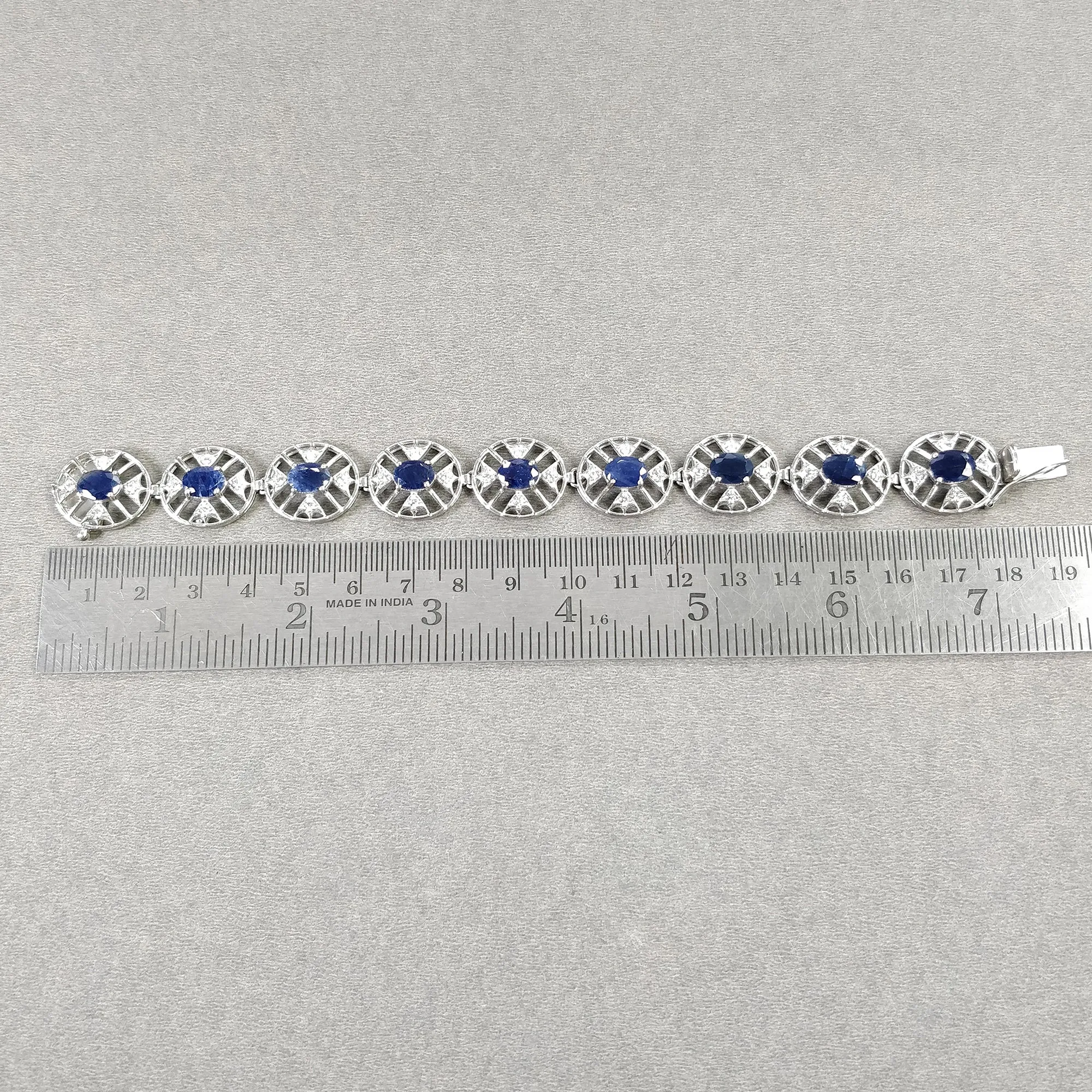 925 Sterling Silver Bracelet : 20.46gms Natural Blue Sapphire Gemstone With CZ Oval Normal Cut Prong Set Tennis Bracelet 7"