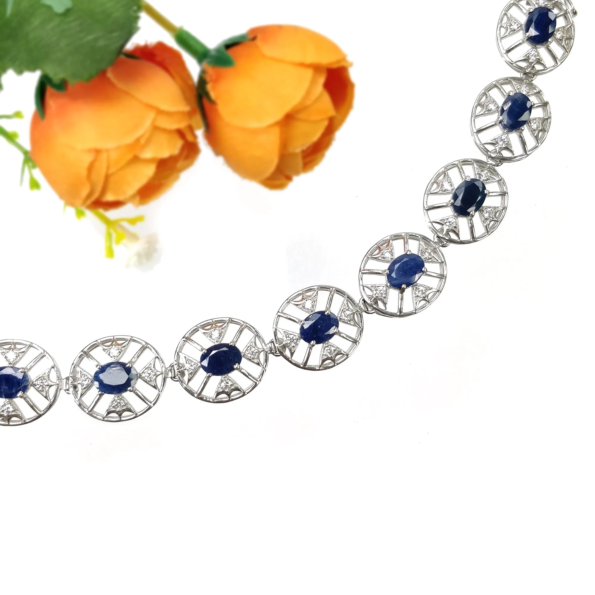 925 Sterling Silver Bracelet : 20.46gms Natural Blue Sapphire Gemstone With CZ Oval Normal Cut Prong Set Tennis Bracelet 7"