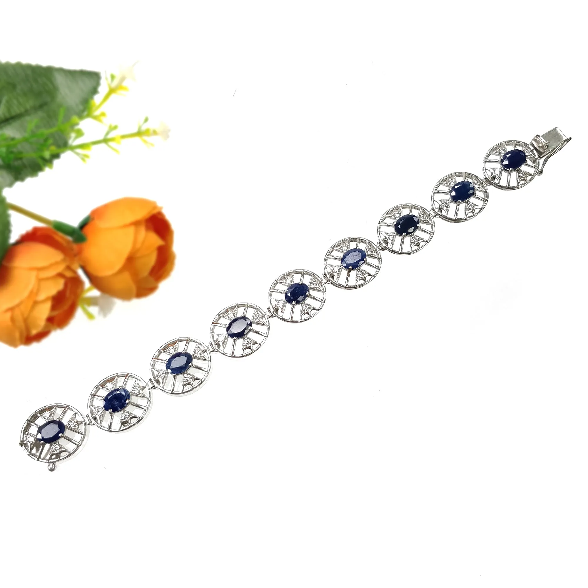 925 Sterling Silver Bracelet : 20.46gms Natural Blue Sapphire Gemstone With CZ Oval Normal Cut Prong Set Tennis Bracelet 7"