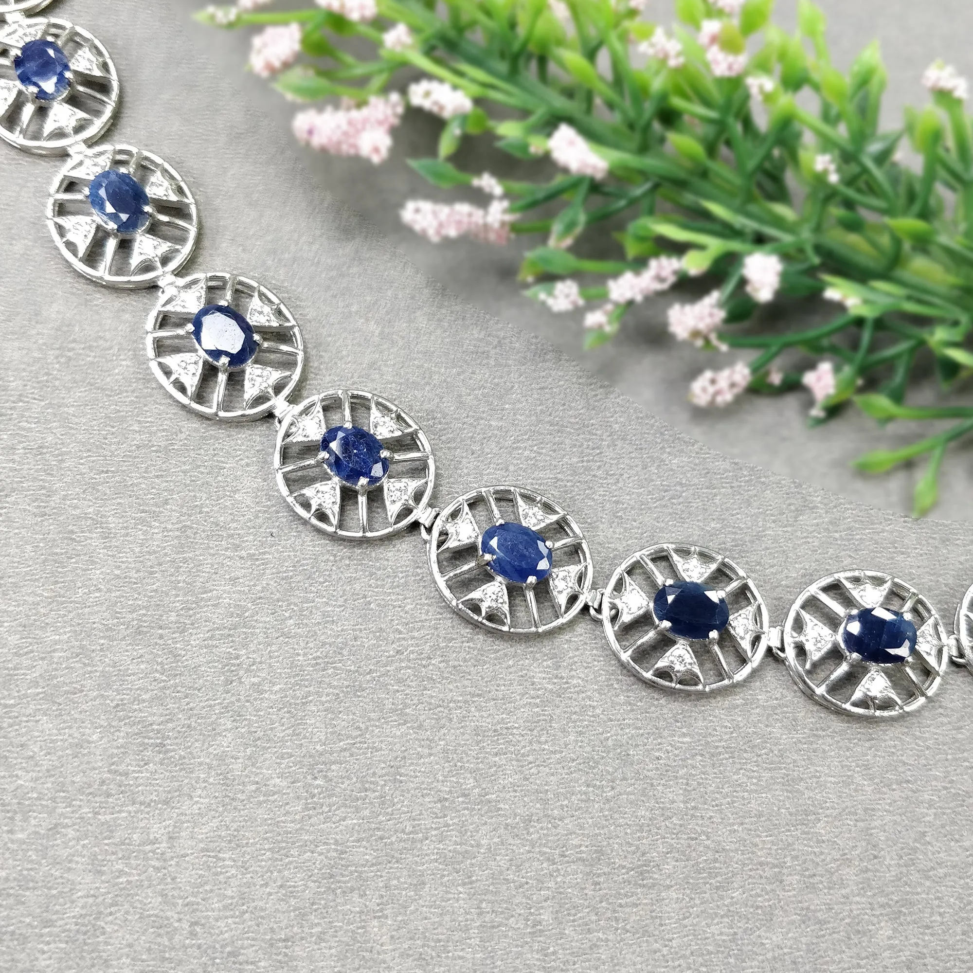 925 Sterling Silver Bracelet : 20.46gms Natural Blue Sapphire Gemstone With CZ Oval Normal Cut Prong Set Tennis Bracelet 7"