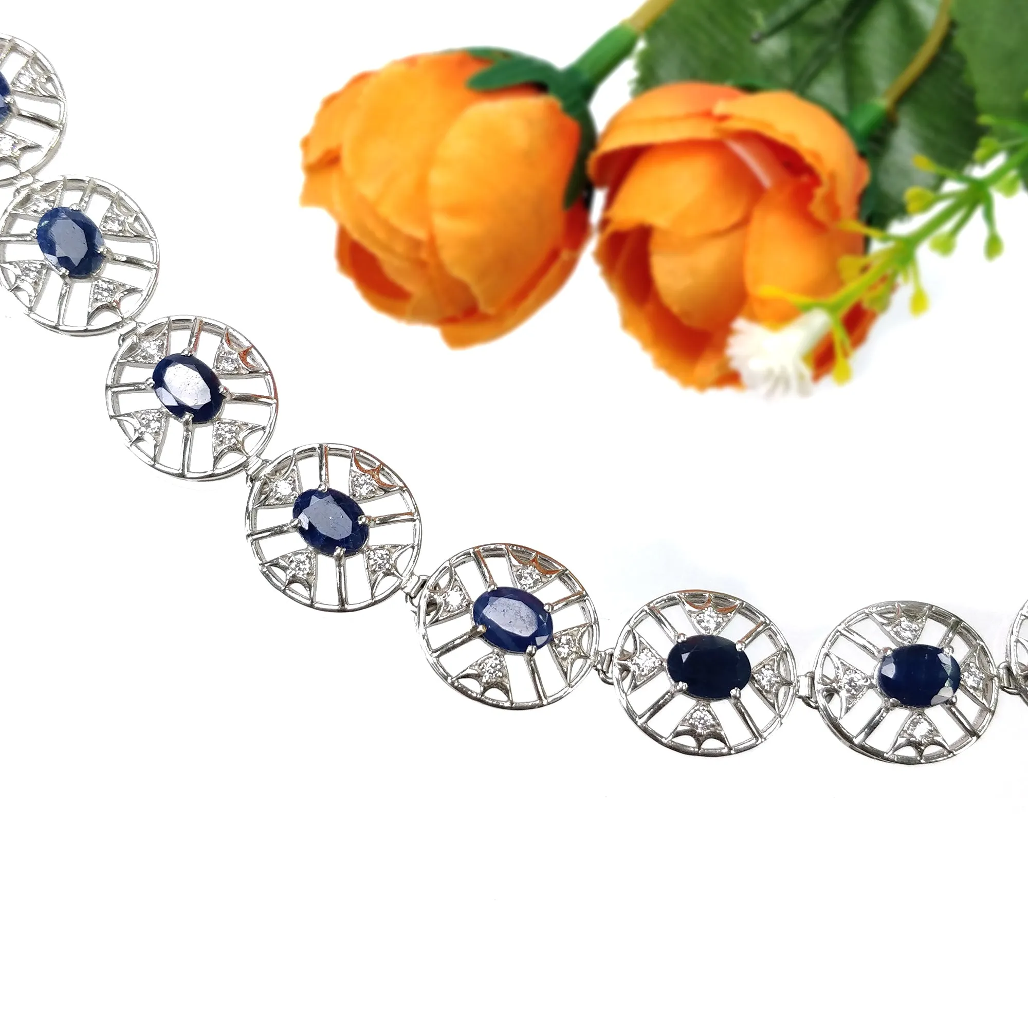 925 Sterling Silver Bracelet : 20.46gms Natural Blue Sapphire Gemstone With CZ Oval Normal Cut Prong Set Tennis Bracelet 7"