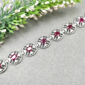 925 Sterling Silver Bracelet : 17.30gms Natural Glass Filled Ruby Gemstone With CZ Oval Normal Cut Prong Set Tennis Bracelet 7"