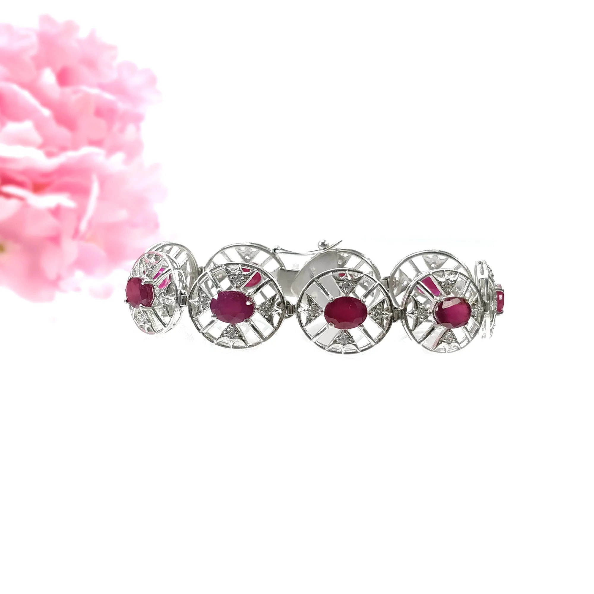 925 Sterling Silver Bracelet : 17.30gms Natural Glass Filled Ruby Gemstone With CZ Oval Normal Cut Prong Set Tennis Bracelet 7"