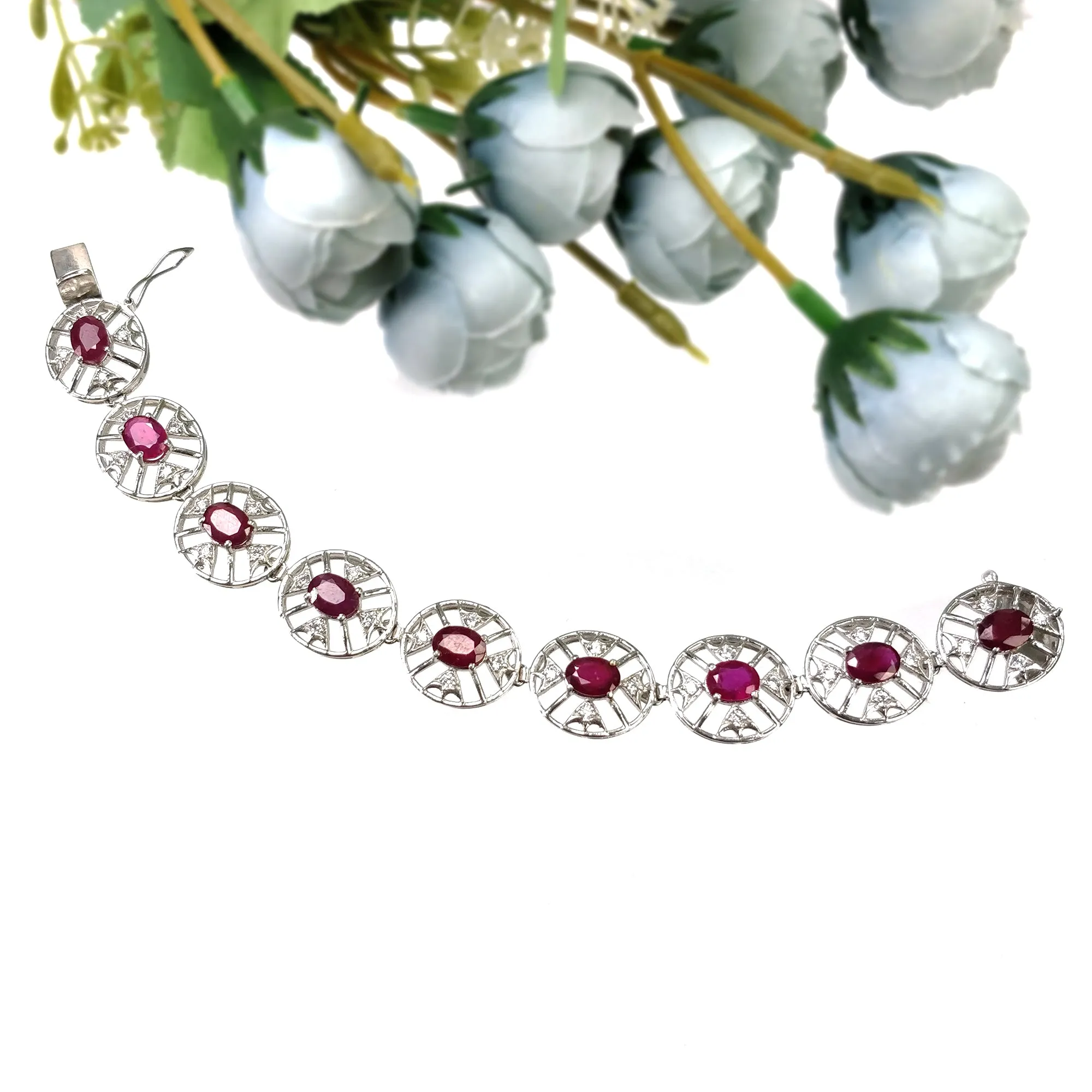 925 Sterling Silver Bracelet : 17.30gms Natural Glass Filled Ruby Gemstone With CZ Oval Normal Cut Prong Set Tennis Bracelet 7"