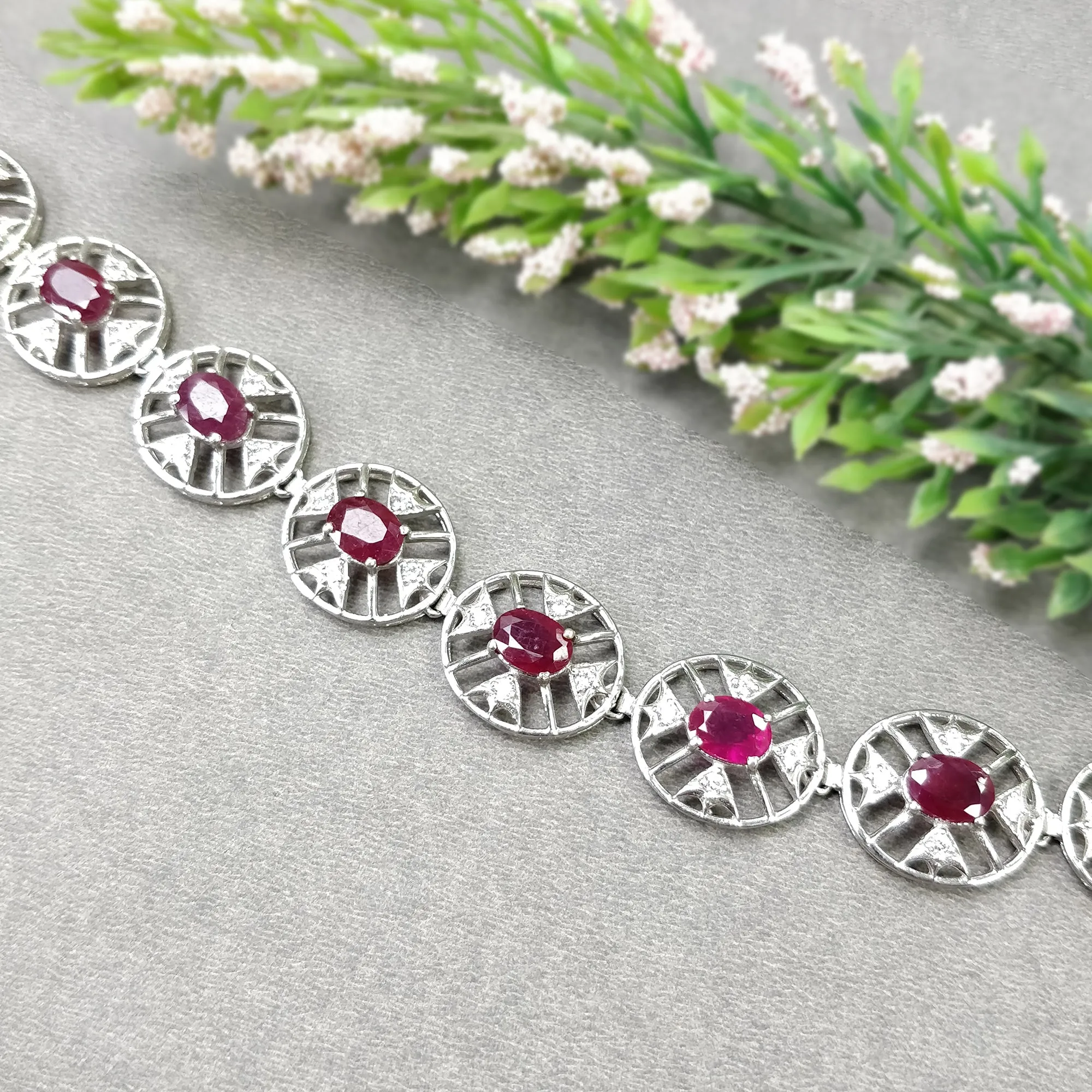 925 Sterling Silver Bracelet : 17.30gms Natural Glass Filled Ruby Gemstone With CZ Oval Normal Cut Prong Set Tennis Bracelet 7"