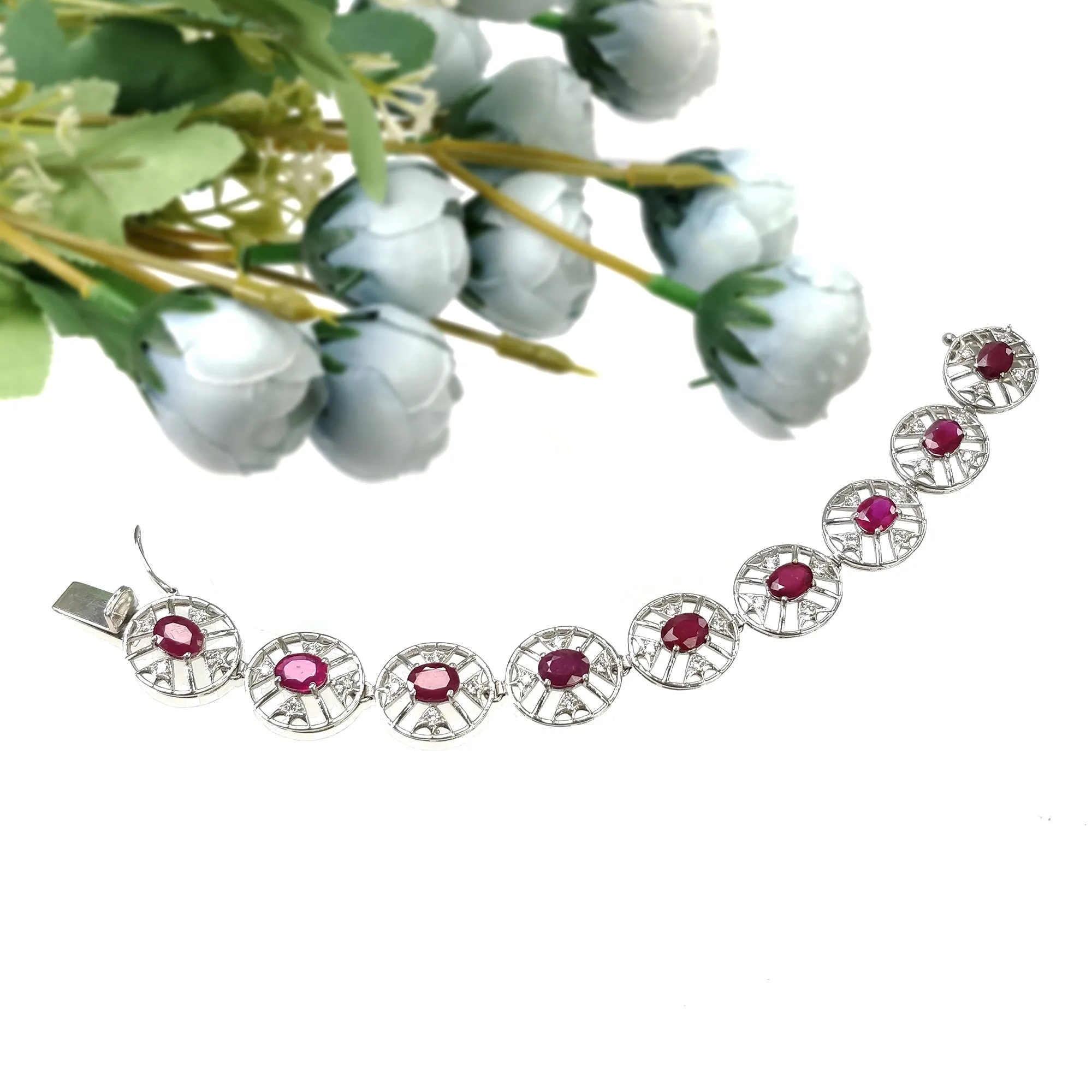 925 Sterling Silver Bracelet : 17.30gms Natural Glass Filled Ruby Gemstone With CZ Oval Normal Cut Prong Set Tennis Bracelet 7"