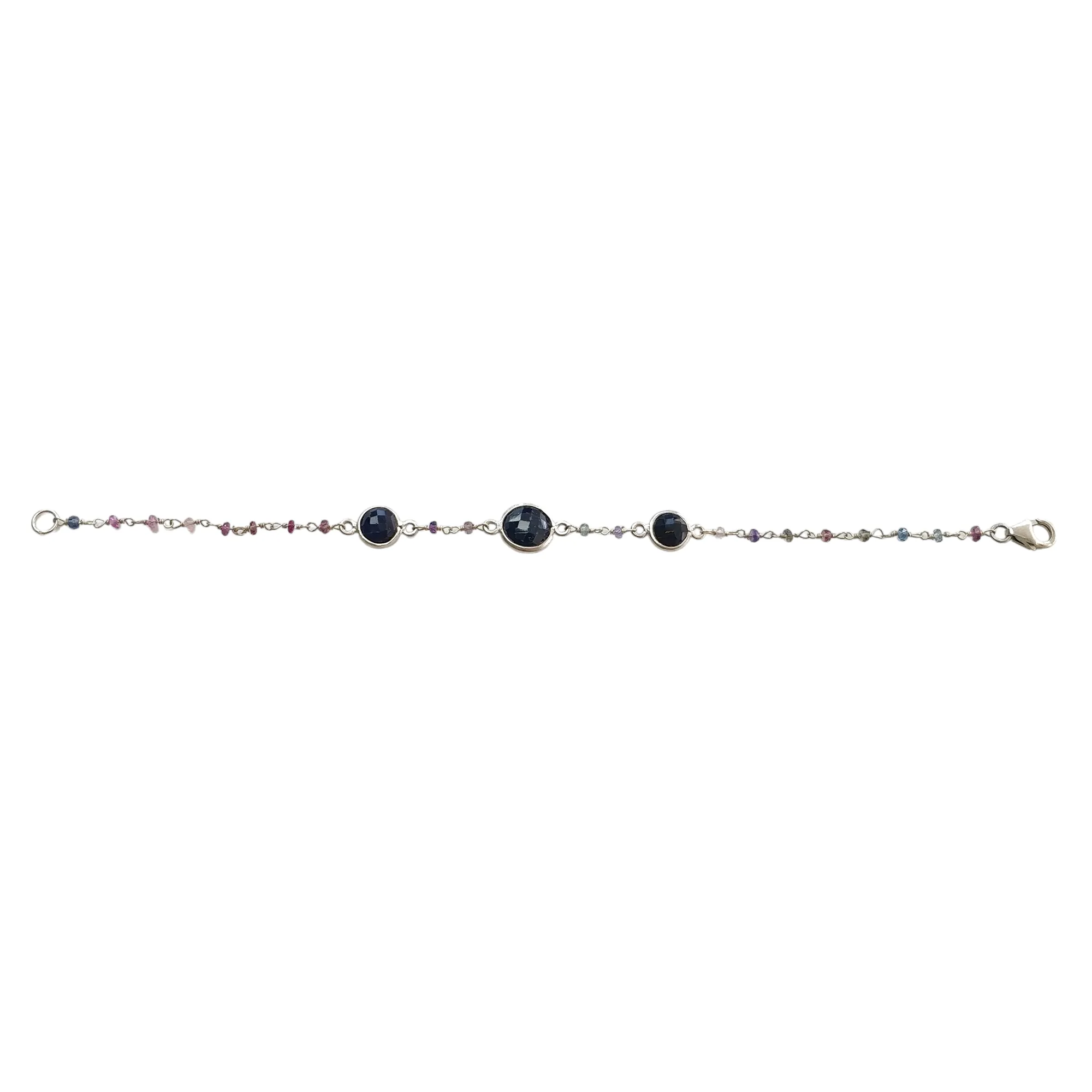 925 Sterling Silver Bracelet : 3.84gms Natural Blue Sapphire Gemstone Round Checker Cut Briolette Bezel Set Chain Bracelet 7.5"