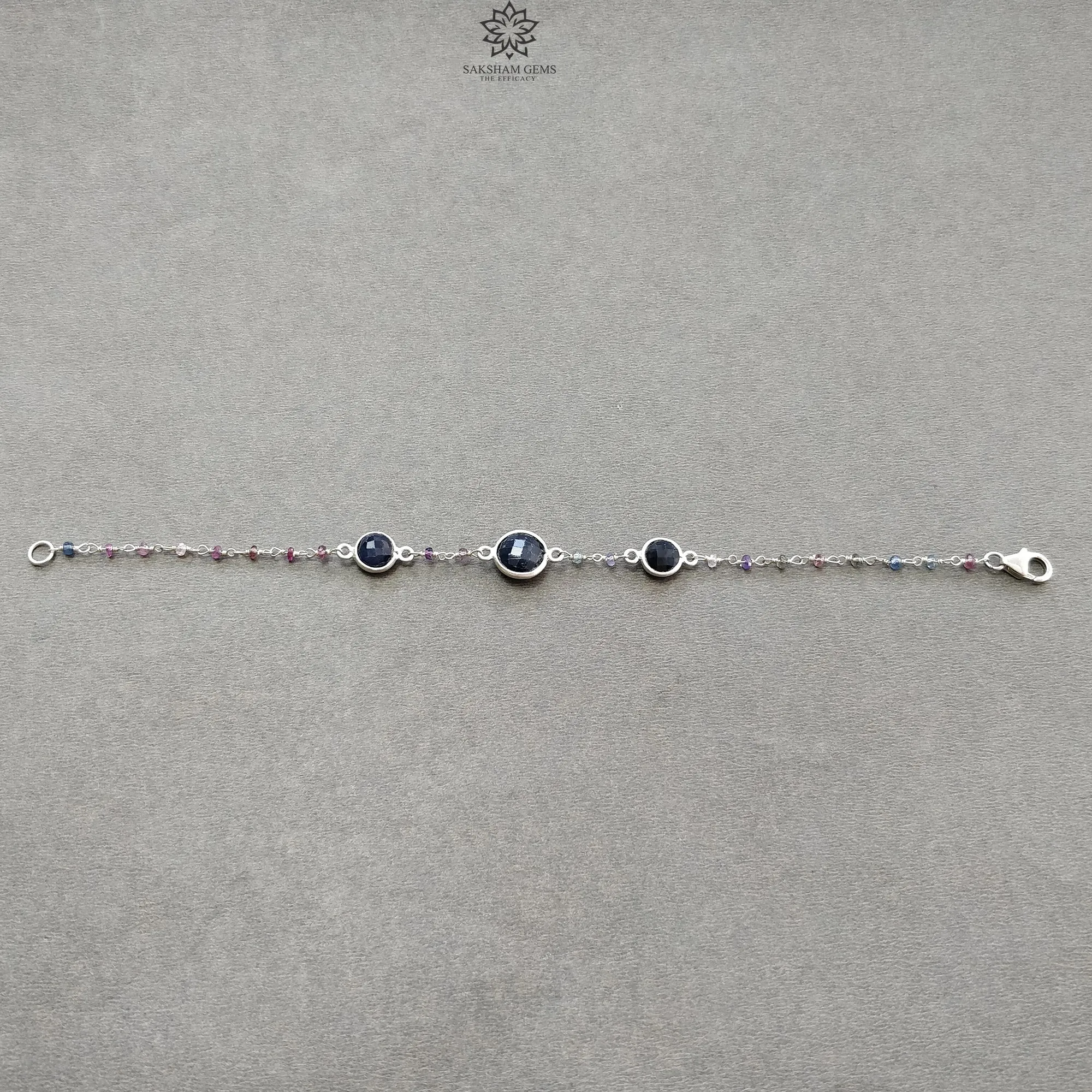 925 Sterling Silver Bracelet : 3.84gms Natural Blue Sapphire Gemstone Round Checker Cut Briolette Bezel Set Chain Bracelet 7.5"