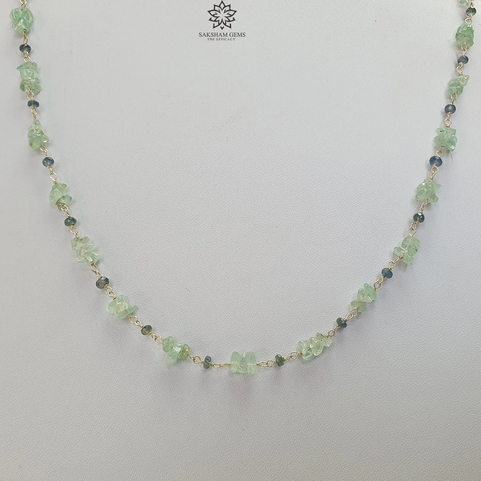 925 Sterling Silver Green Emerald And Blue Sapphire Gemstones Chain NECKLACE 8.00gms Natural Uncut Beads Necklace 17"