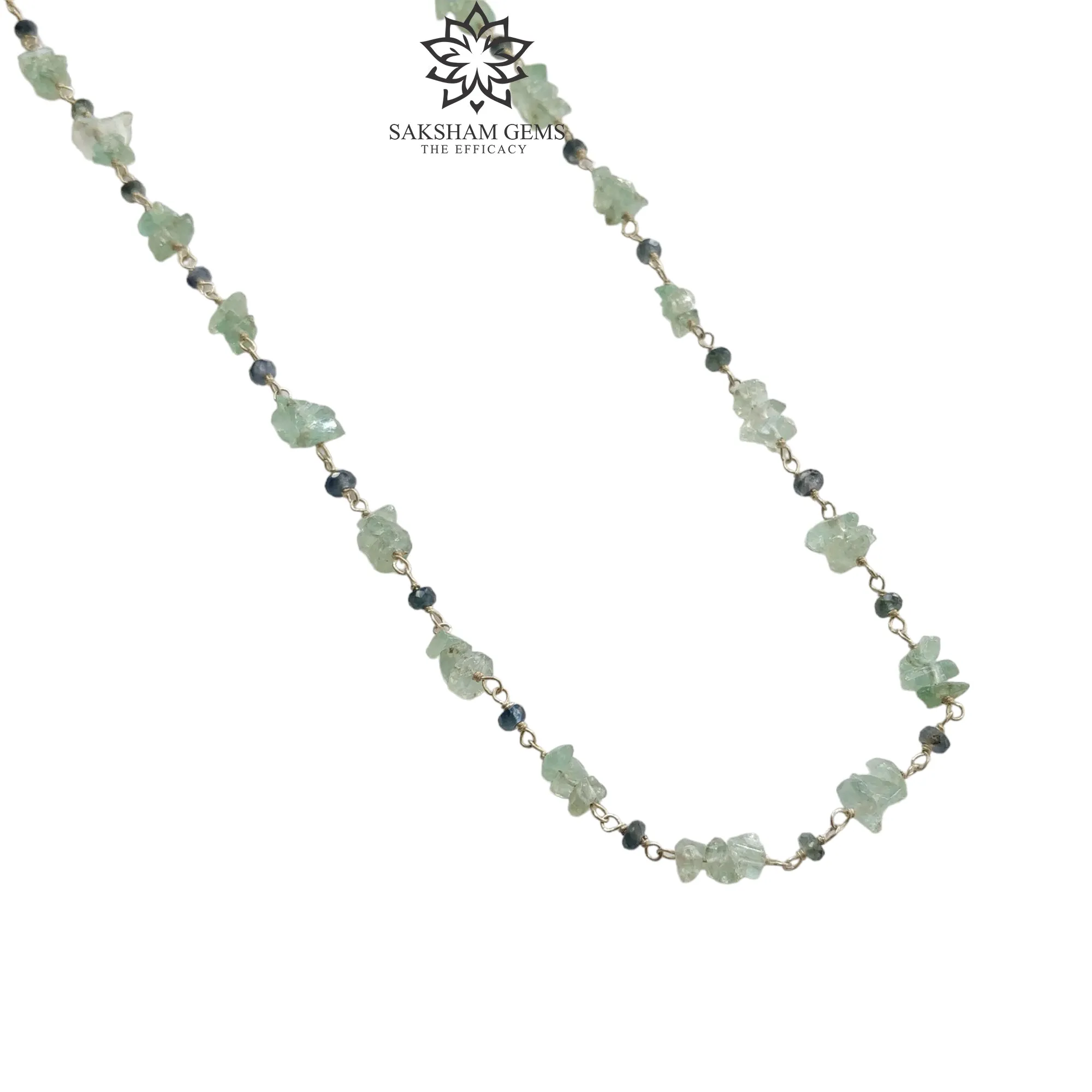 925 Sterling Silver Green Emerald And Blue Sapphire Gemstones Chain NECKLACE 8.00gms Natural Uncut Beads Necklace 17"