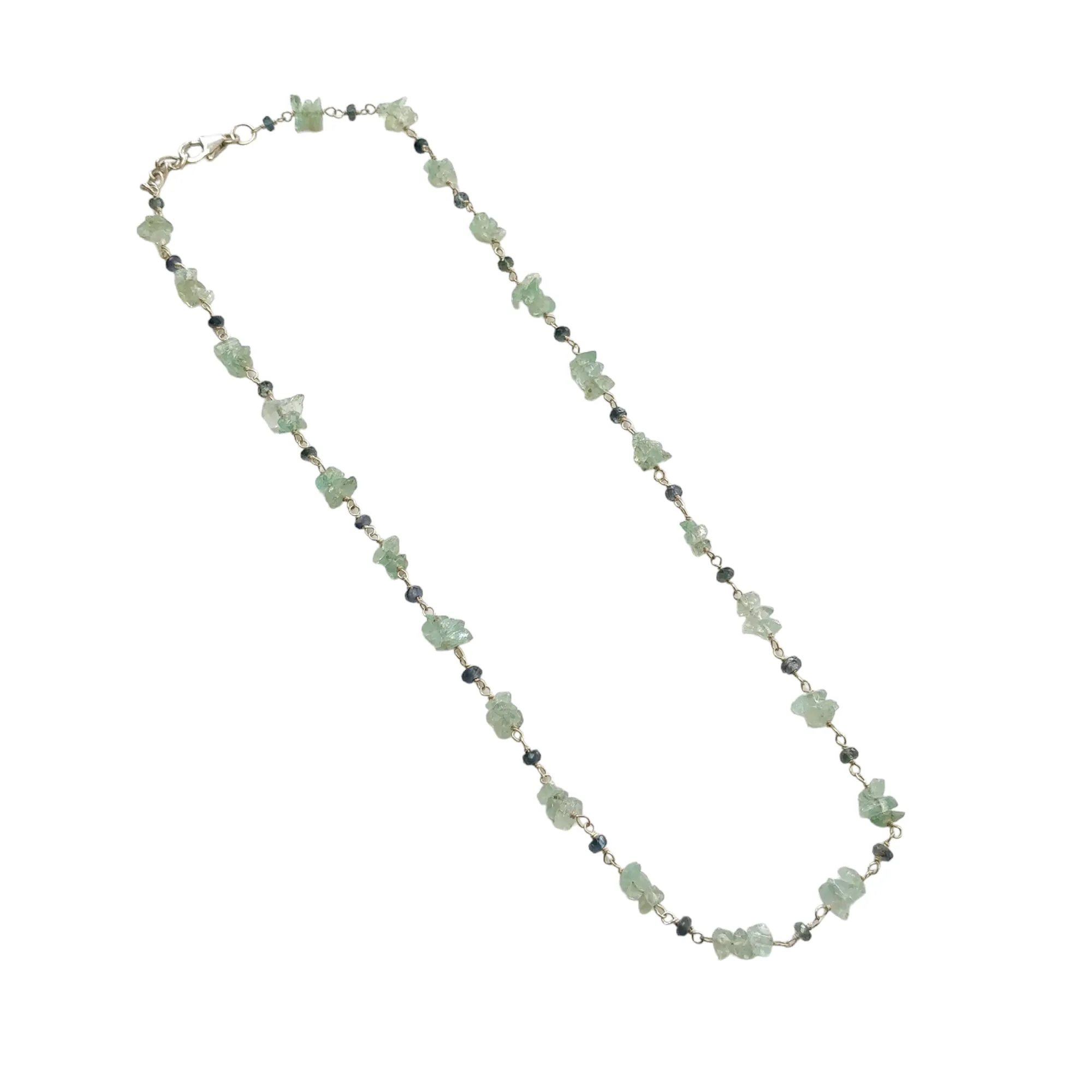 925 Sterling Silver Green Emerald And Blue Sapphire Gemstones Chain NECKLACE 8.00gms Natural Uncut Beads Necklace 17"